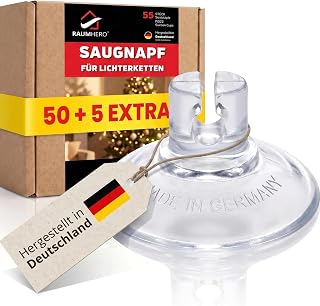 Raumhero® Saugnapf mit Schlitzloch [55 Stück] für Lichterketten & Weihnachtsdeko (20mm) Made in Germany – Kabelhalter für Fensterglas