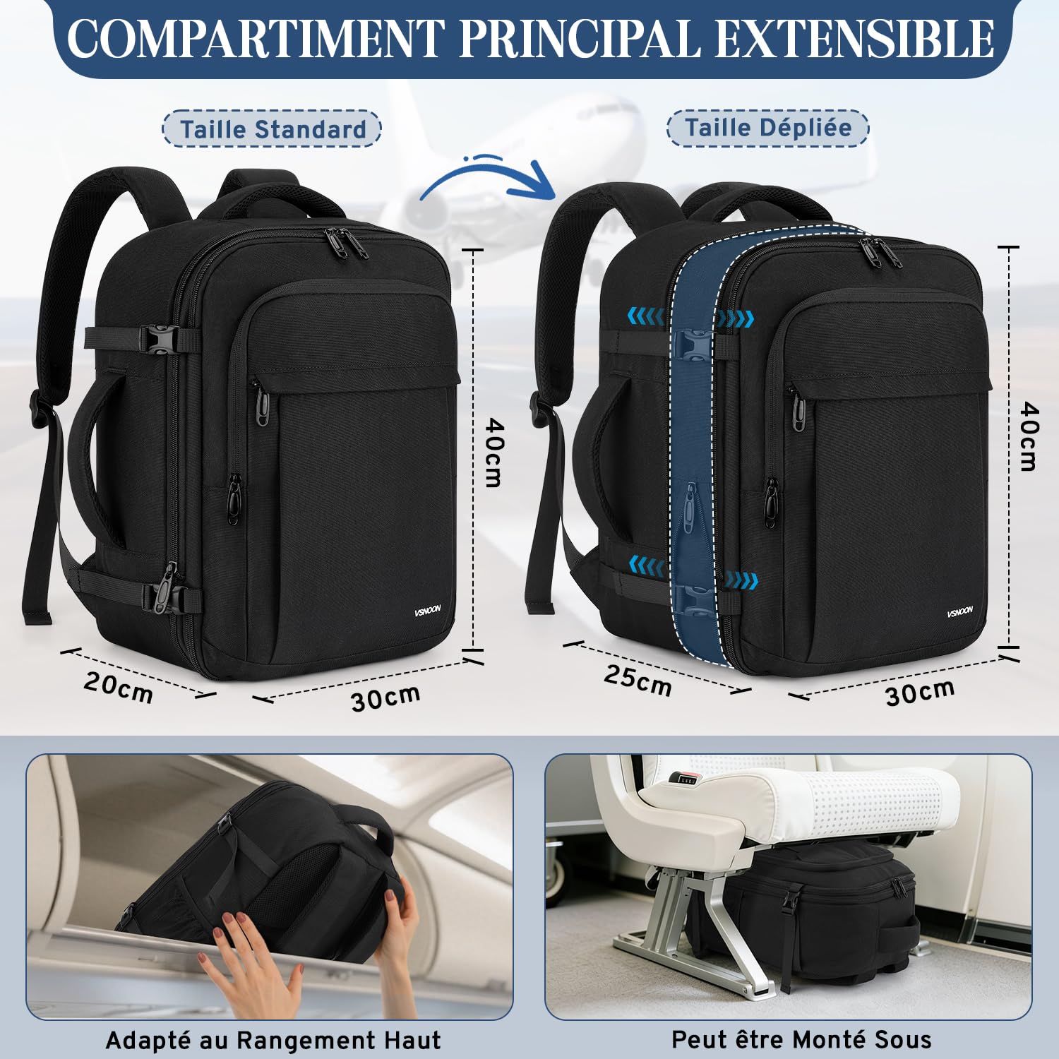 VSNOON Sac de Voyage, Sac à Dos Cabine Avion Extensible 24L-30L, Bagage Cabine 40x30x20 avec Poche Humide pour Ryanair EasyJet Wizz & Transavia, Sac à Dos Ordinateur 15 Pouces Imperméable, Noir