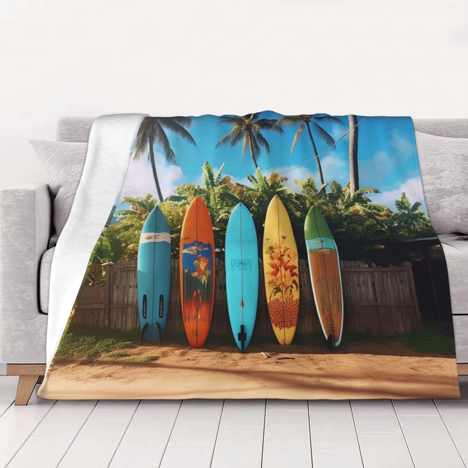 PAQOLSMCKR Throw Blanket 60"x50" Bed Blanket Surf's up Surfboard Flannel Blankets for Sofa Reversible Plush Blanket Soft Cozy Throw Blankets for Couch Camping All Seasons