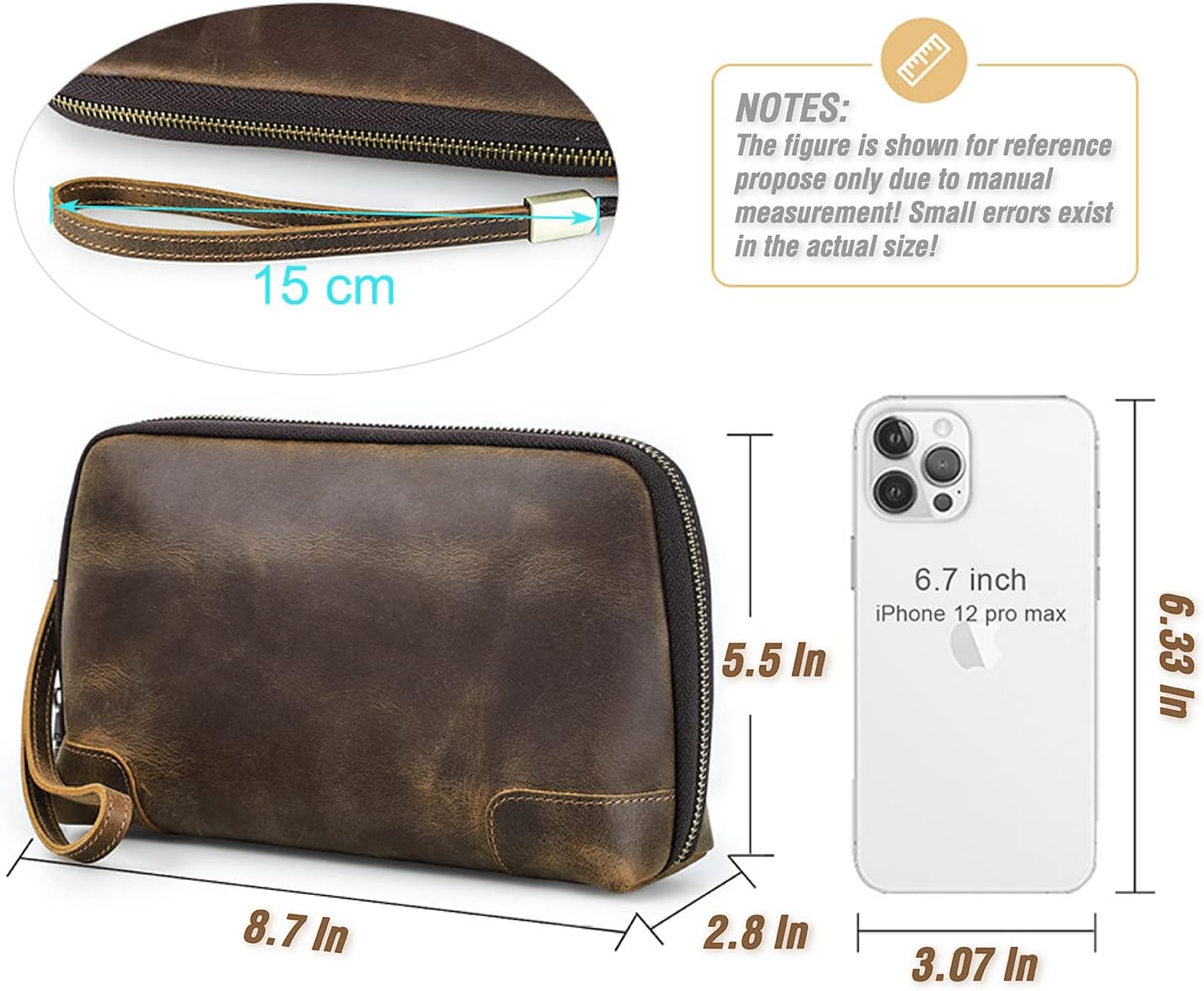 Electronic Organizer Zipper Bag Tech Pouch, Top Grain Leather Handmade, Portable Compact Travel Storage Cases Fits Apple Accessories, Phone, USB Cables, Power Banks, Chargers, Hard Drive