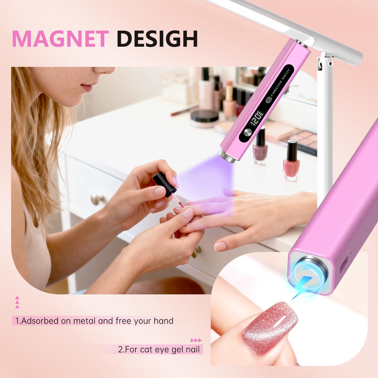 UV Lamps for Gel Nails CHRISTINE SHELLY Handheld 3 in 1 LED Nail Light Cat Eye Magnet Flash Cure Lamp Nail Stamp LCD Display Rechargeable Nail Dryer with 3 Timers for Gel Polish Home DIY - Image 4