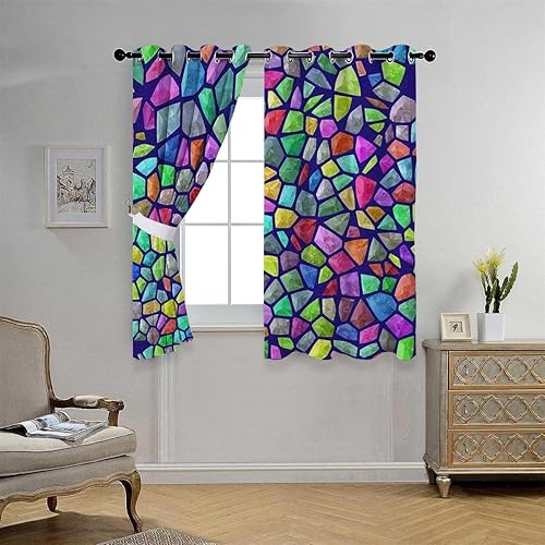 Cortinas para Sala Colorful Mosaic Decor Retro Geometric Curtain Rods for Doorways Room Darkening 55Inch Width by 72Inch Length,2 Panels
