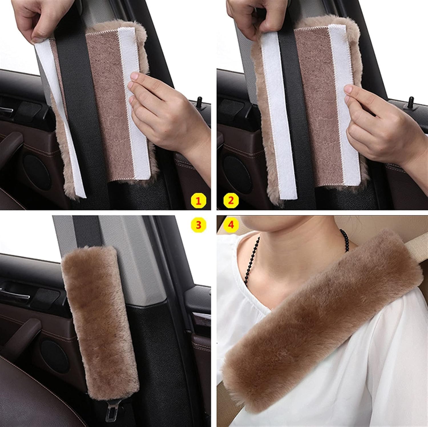 2 Sztuk Sheepski Auto Osłona Pasa Bezpieczeństwa, Podkładka Pasa Bezpieczeństwa Na Ramię Do Samochodu, Ciężarówki, Suv, Airplae, High Desity Soft Wool Camera Plecak Strapy, Brown 2, 10.6 x 2.8 in