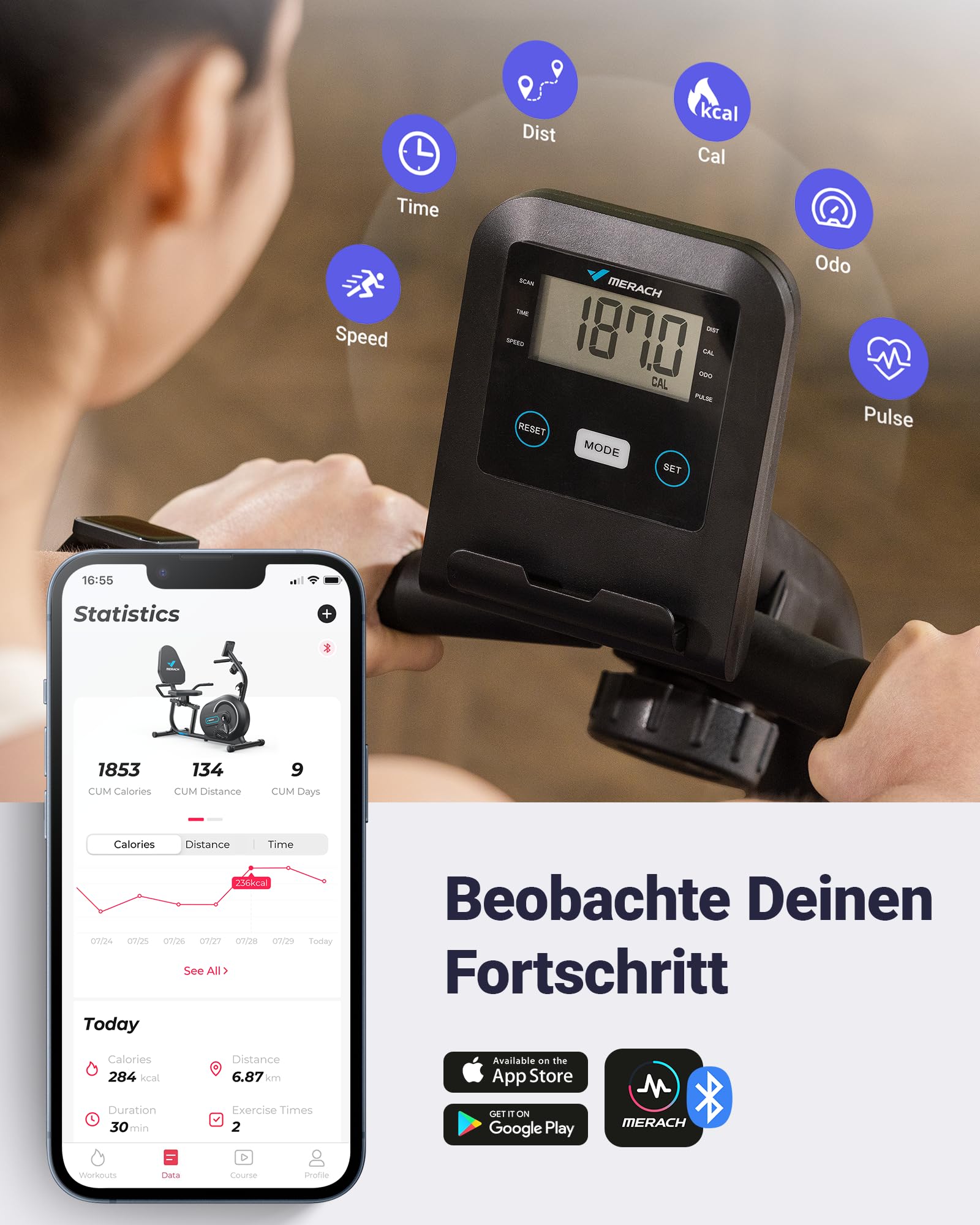 MERACH Liegeergometer für Zuhause mit 8-stufigem Magnetwiderstand, leiser Heimtrainer Fahrrad mit Smart Bluetooth, App-kompatibel, LCD-Display, Herzfrequenzsensoren, verstellbare Rückenlehne, S08/S23