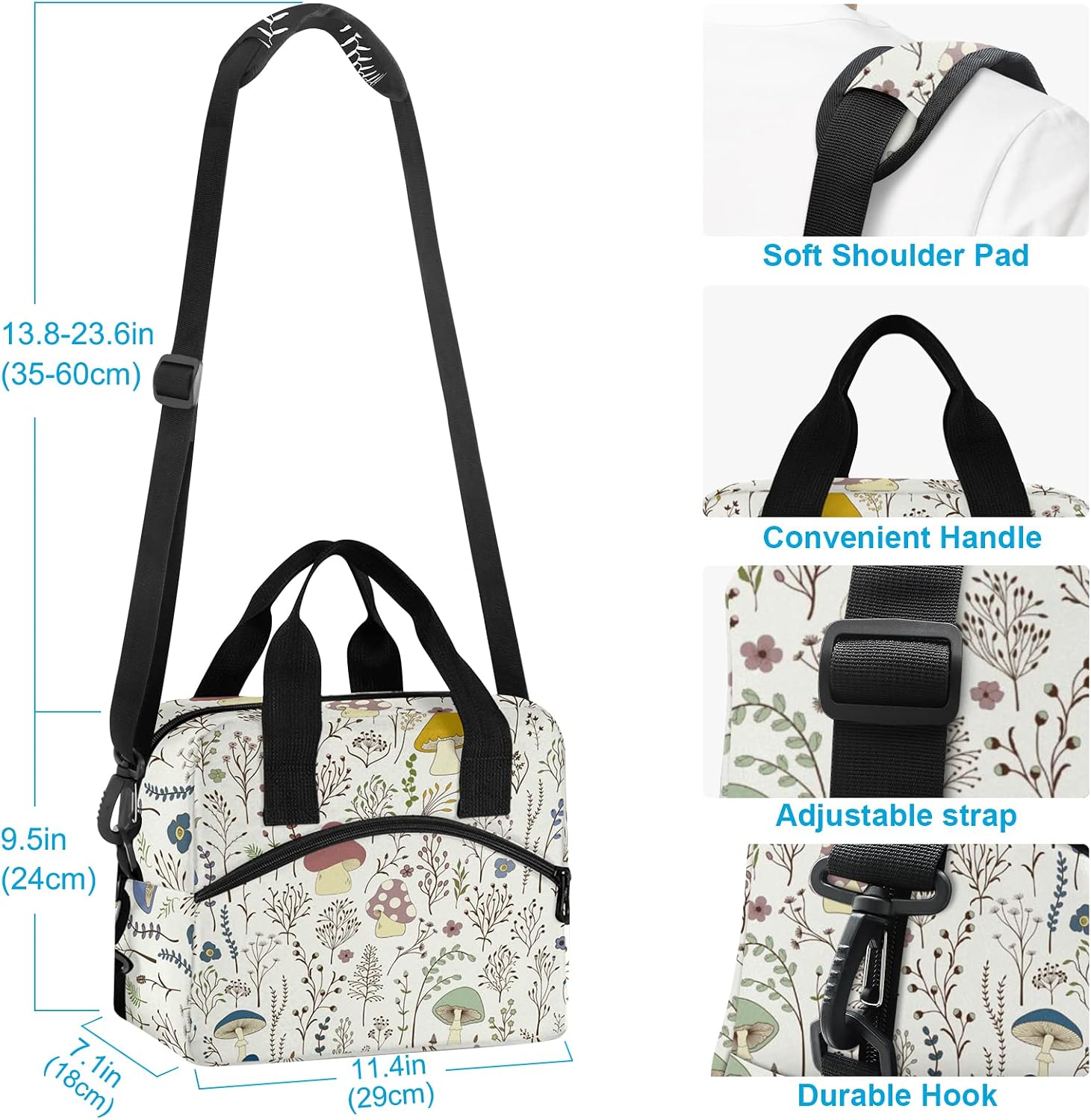 Colorful Mushrooms Flower Leaves Insulated Lunch Tote Bag Reusable Cooler Lunch Box with Shoulder Strap for Work Picnic School Beach image 3