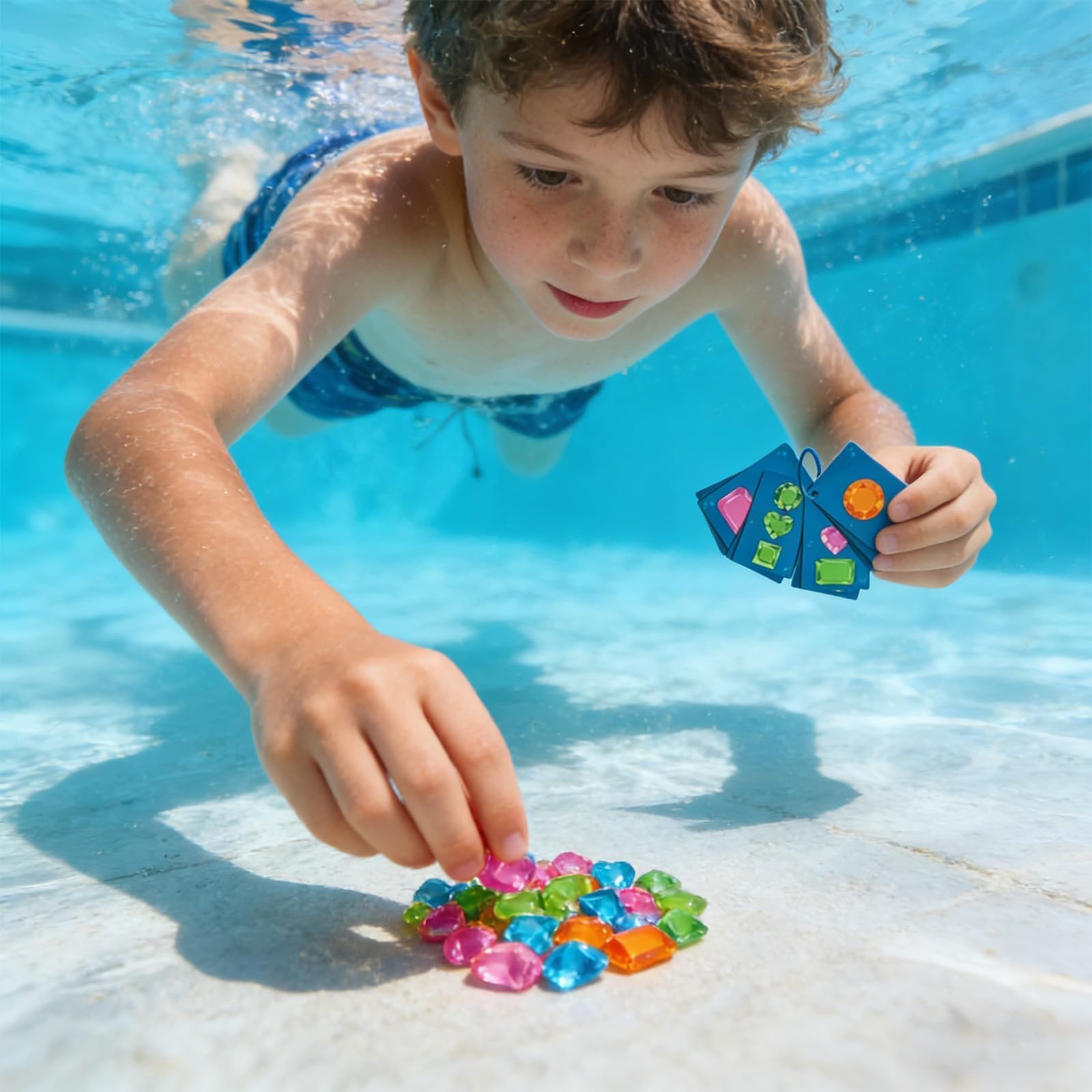 Pool‑Spielzeug für Kinder, Unterwasser‑Suchspiel‑Set mit 64 Edelsteinen & 35 wasserdichten Karten, Tauchringe, praktisches Tauchspielzeug mit Netzbeutel, spannende Sommer‑Wasserspiele für den Pool
