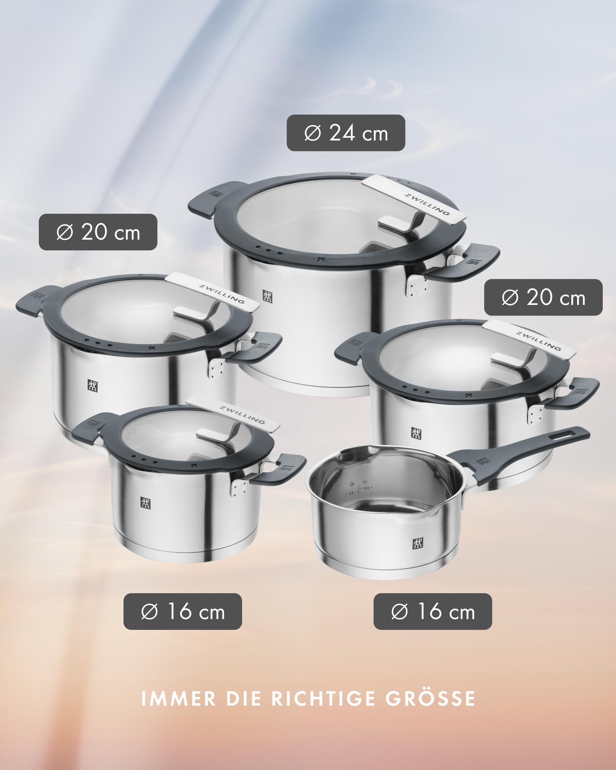 ZWILLING Simplify Kochtopf-Set 5-teilig, Integriertes Sieb, Induktion, Grau | Ausgießfunktion, Stay-Cool-Griffe, Edelstahl