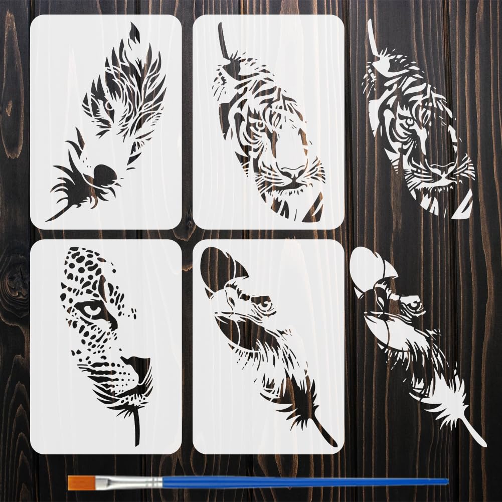 FINGERINSPIRE 4Pcs Feather-Shaped Animal Pattern Painting Stencil with Brush, 29.7x21cm(A4) 4 Styles Feathered Animal Face Stencils Plastic Decorative Stencils for Furniture Home Decor DIY Crafts