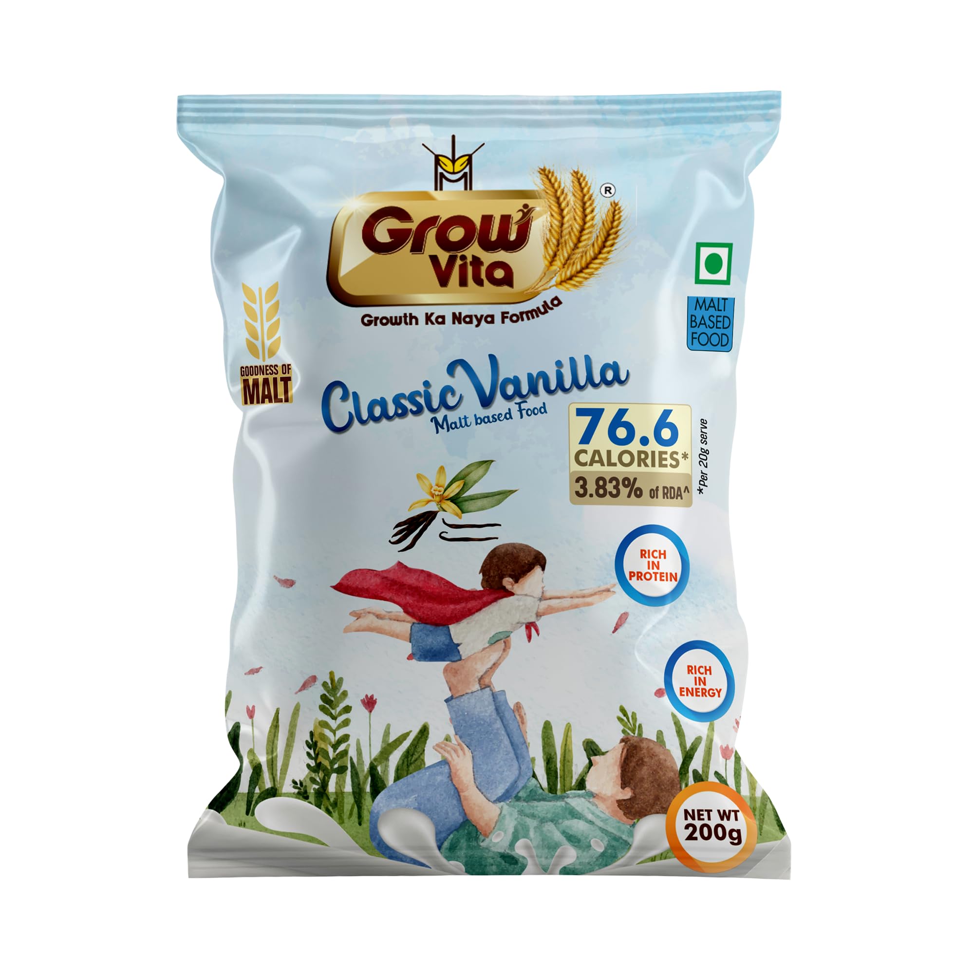 Grow Vita Growth Ka Naya Formula Delicious, Nutritious Malt Base Milk Food, Essential Nutrients Available, Vanilla Flavours Drink. 200Gm