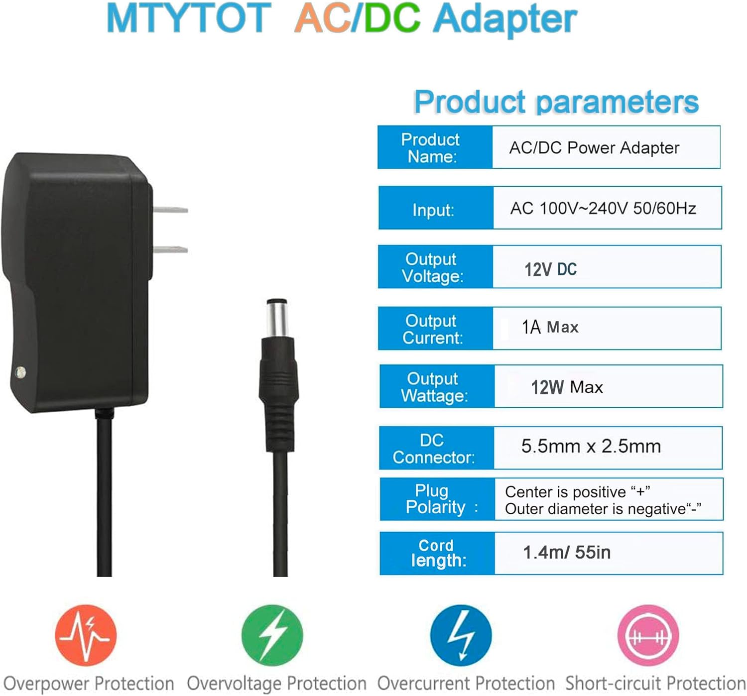 Product parameters table for MTYTOT AC/DC Adapter