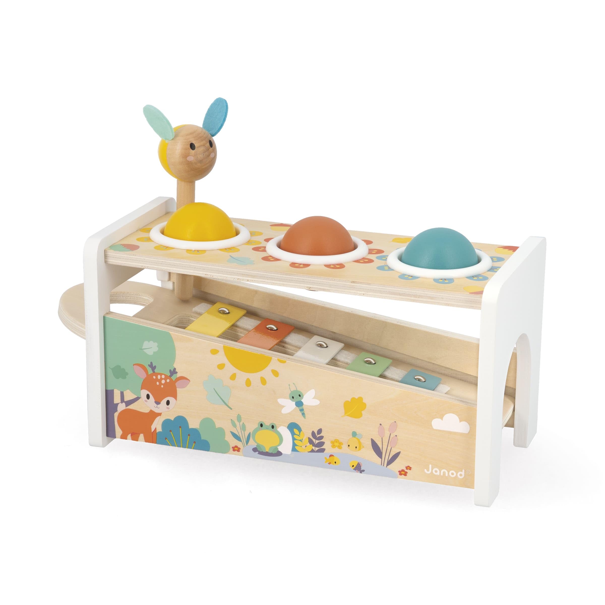 Janod - Tap Tap Xylo Pure - Jouet en Bois 2 en 1 - Jeu d'Éveil Musical et d'Adresse - avec 3 Balles + Marteau + Xylophone - Dès 1 an, J05155