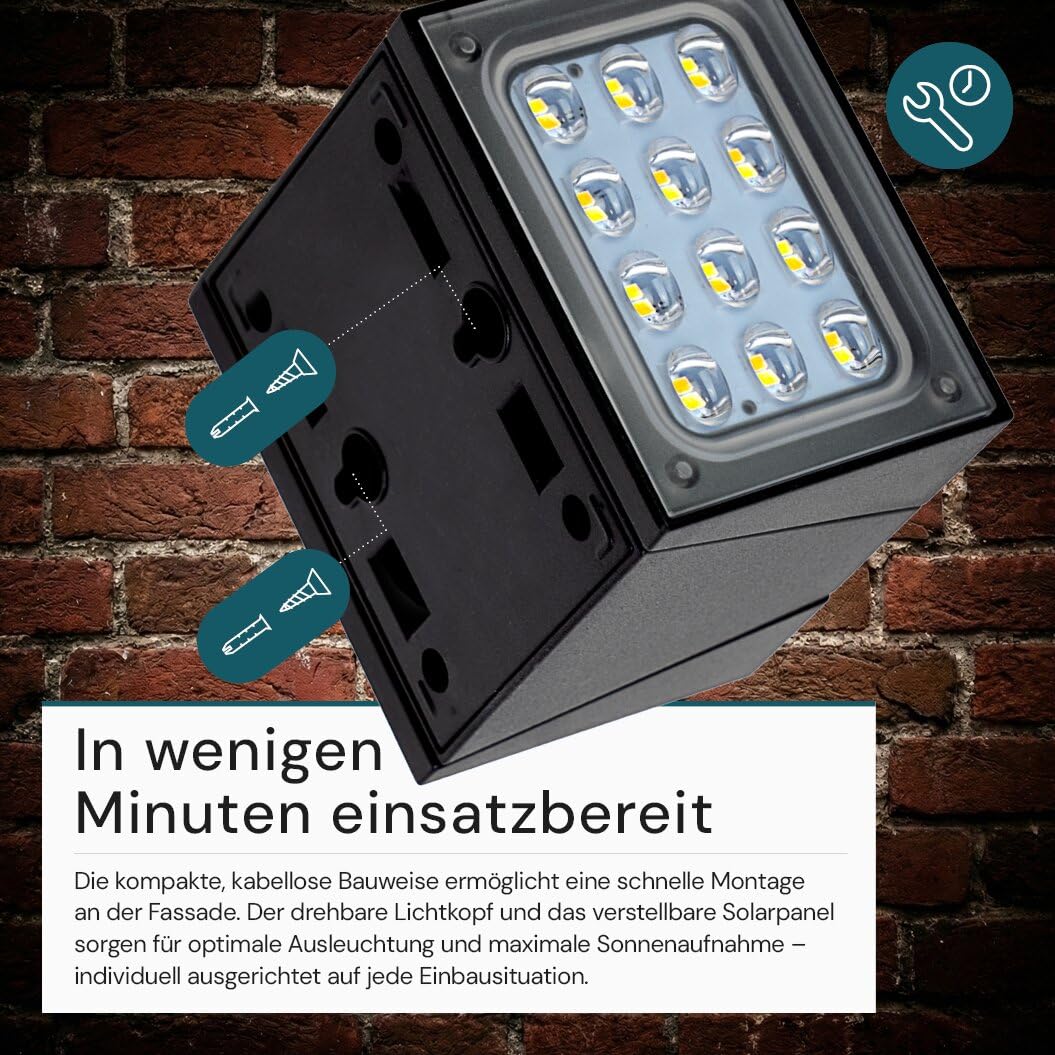 LUXULA LED Solar Wandleuchte außen mit Bewegungsmelder Schwarz 6 Stück - Solar Strahler für außen IP65 wetterfest, Außenleuchte drehbar, 3 Lichtfarben 3000K 4000K 6000K - Außenbeleuchtung Solar