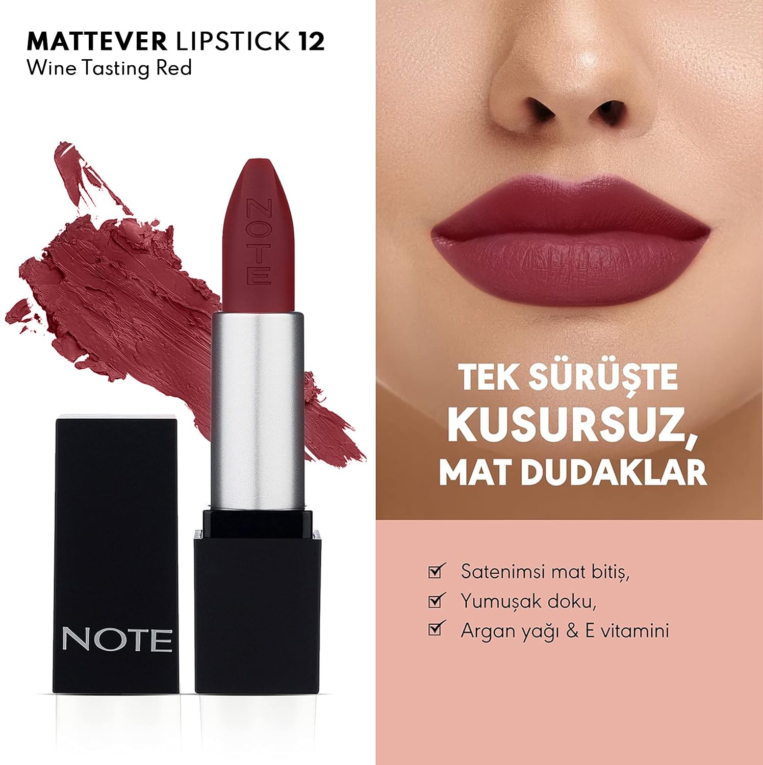 Note Cosmetics Mattever Lipstick 12 Wine Tasting Red Yarı Mat Saten Bitişli Ruj, Mor