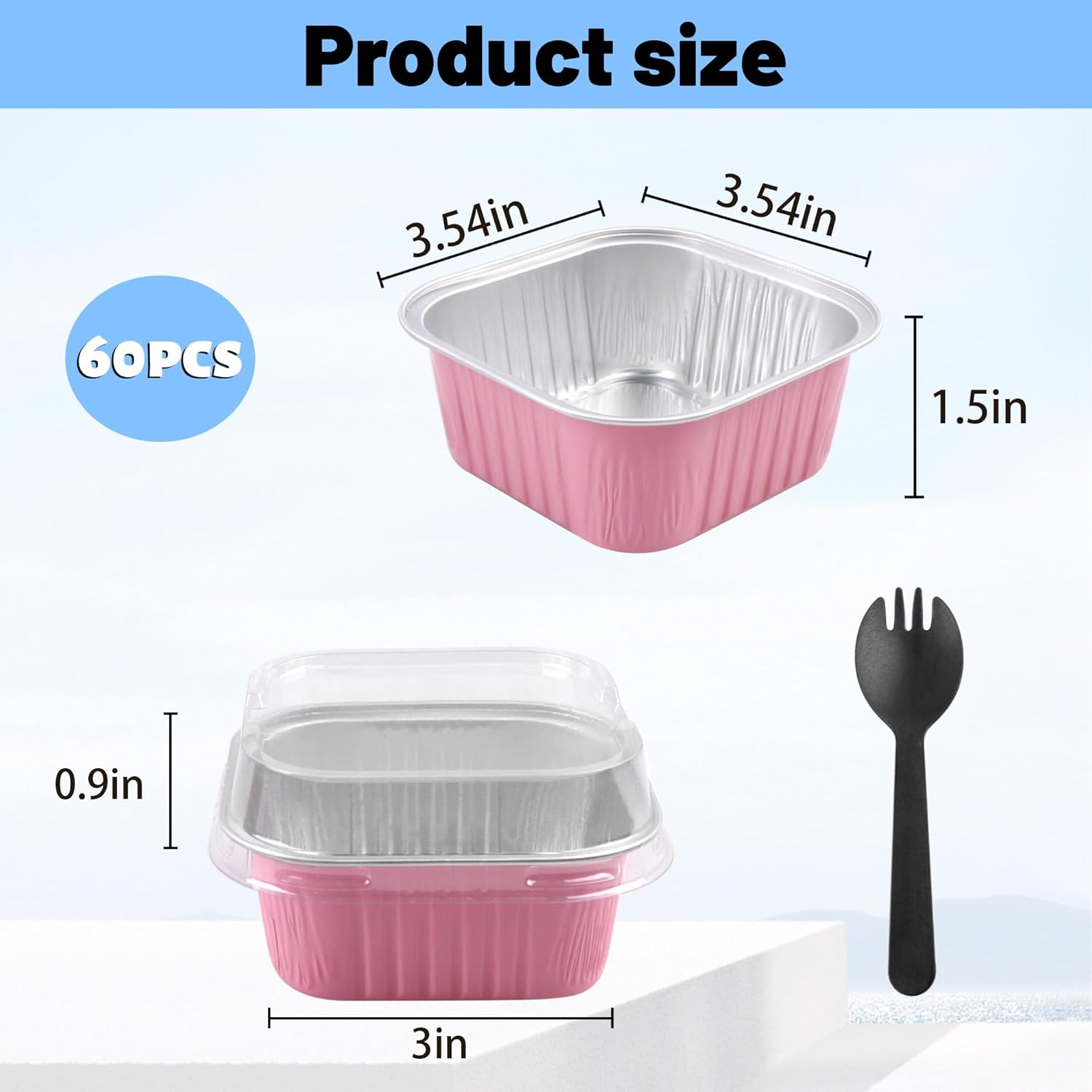 60pcs Mini Cake Pans & Loaf Pans with Lids - Disposable 5oz Square Aluminum Foil Baking Cups for Cheesecakes and Mini Cakes(Pink) - Image 3