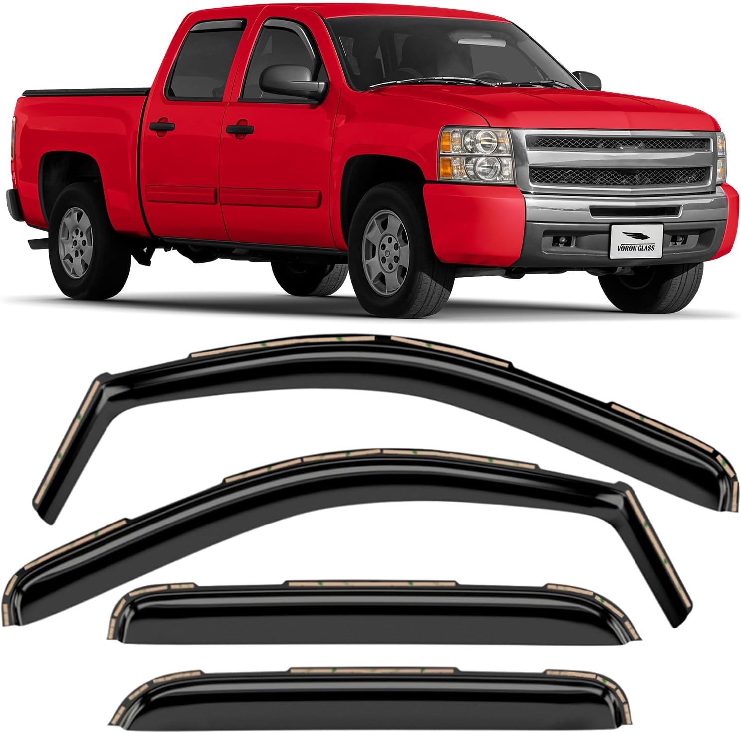 Voron Glass in-Channel Extra Durable Rain Guards for Trucks Chevrolet (Chevy) Silverado/GMC Sierra 2007-2013 Crew Cab, Window Deflectors, Vent Window Visors, 4 Pieces - 220002