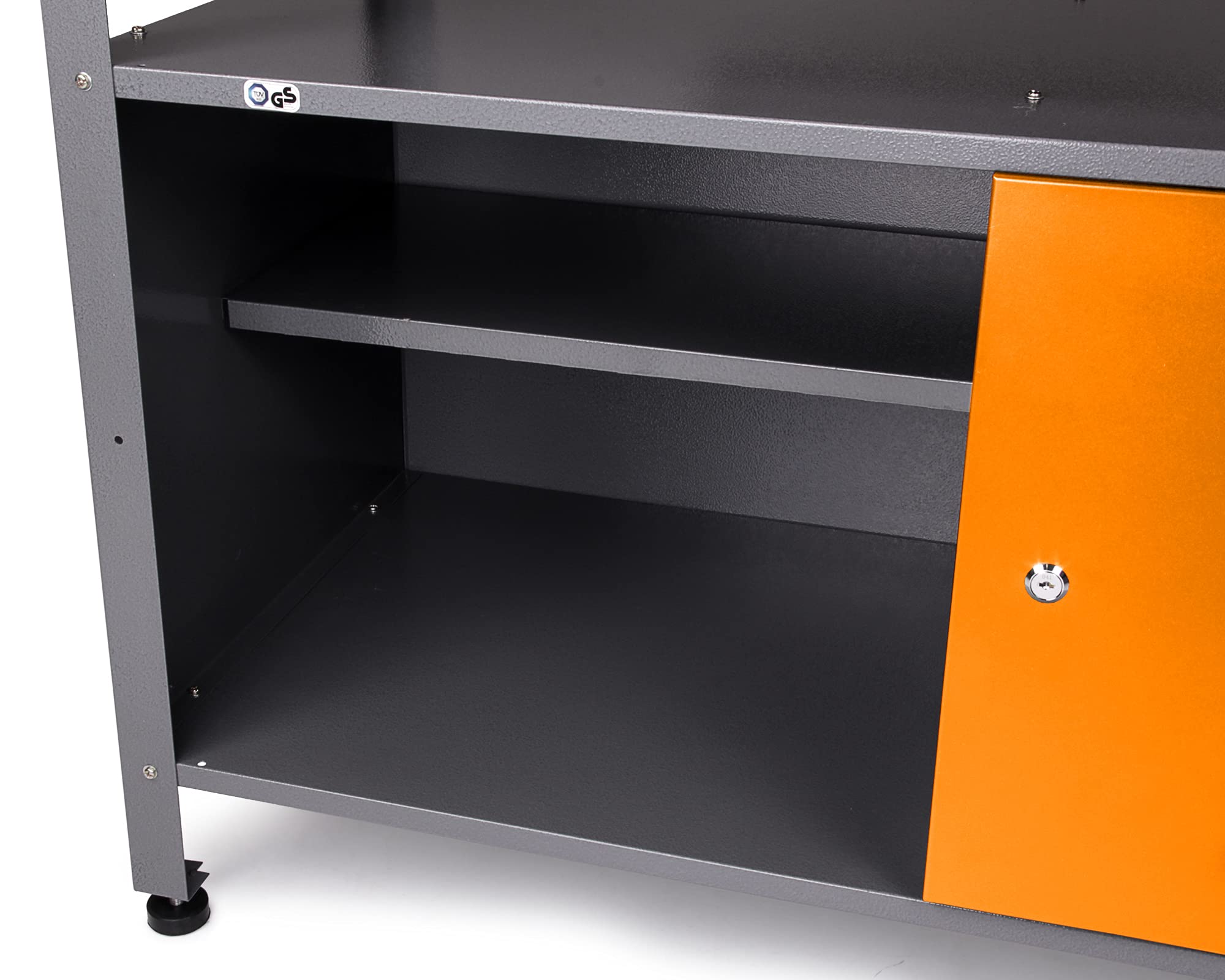 Ondis24 Werkstatt Set Ecklösung One, Werkbank, 120 + 60 cm Buchenholzarbeitsplatte, Werkzeugwand Lochwand, Haken Set, Metall (Arbeitshöhe 85cm, orange)
