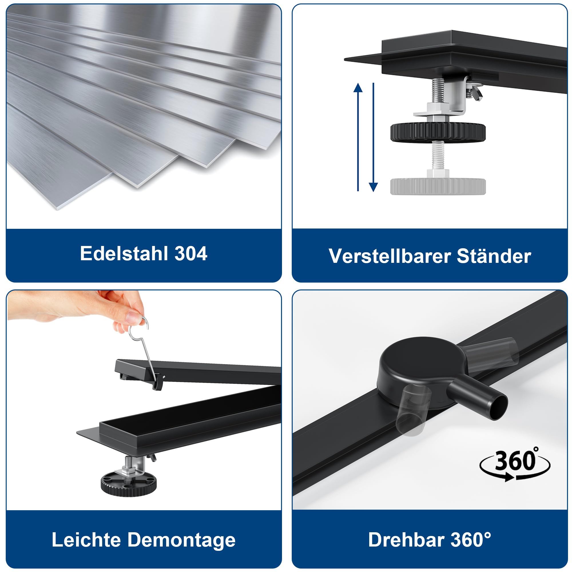 Douchegoot, betegelbare douchegoot, extra plat, 80 cm, roestvrijstalen vloerafvoer, complete set met sifon, haarzeef