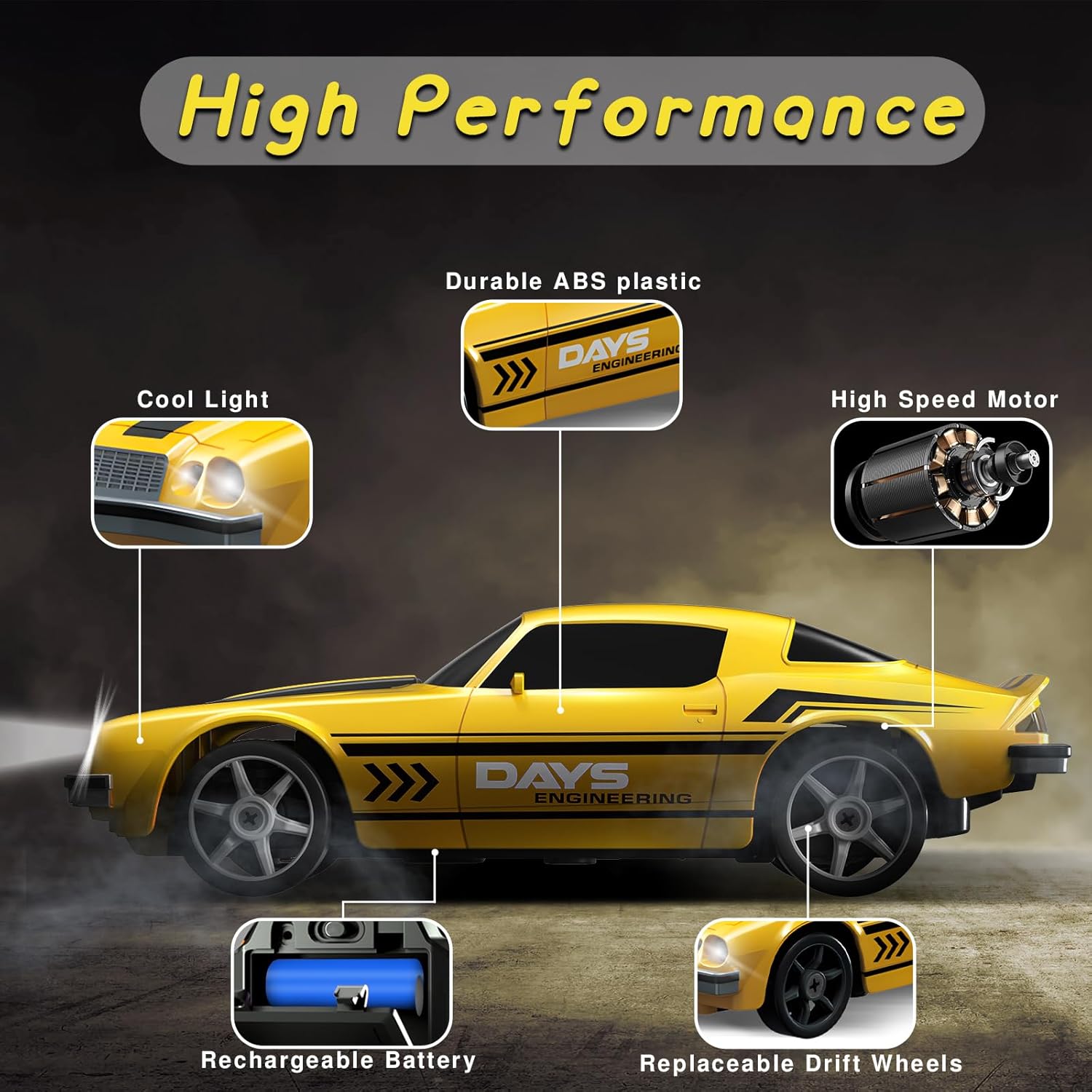 RC Drift Car 1/24 2.4GHz Remote Control Car 4WD High Speed Drifting RC Cars with Light Rechargeable Battery and Drift Tires Racing Cars Toys for Kids Adults Girl Boys, Yellow