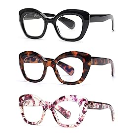 JM 3 Pack Oversized Cat Eye Reading Glasses for Women Funky Blue Light Flexible Cateye Readers +1.75
