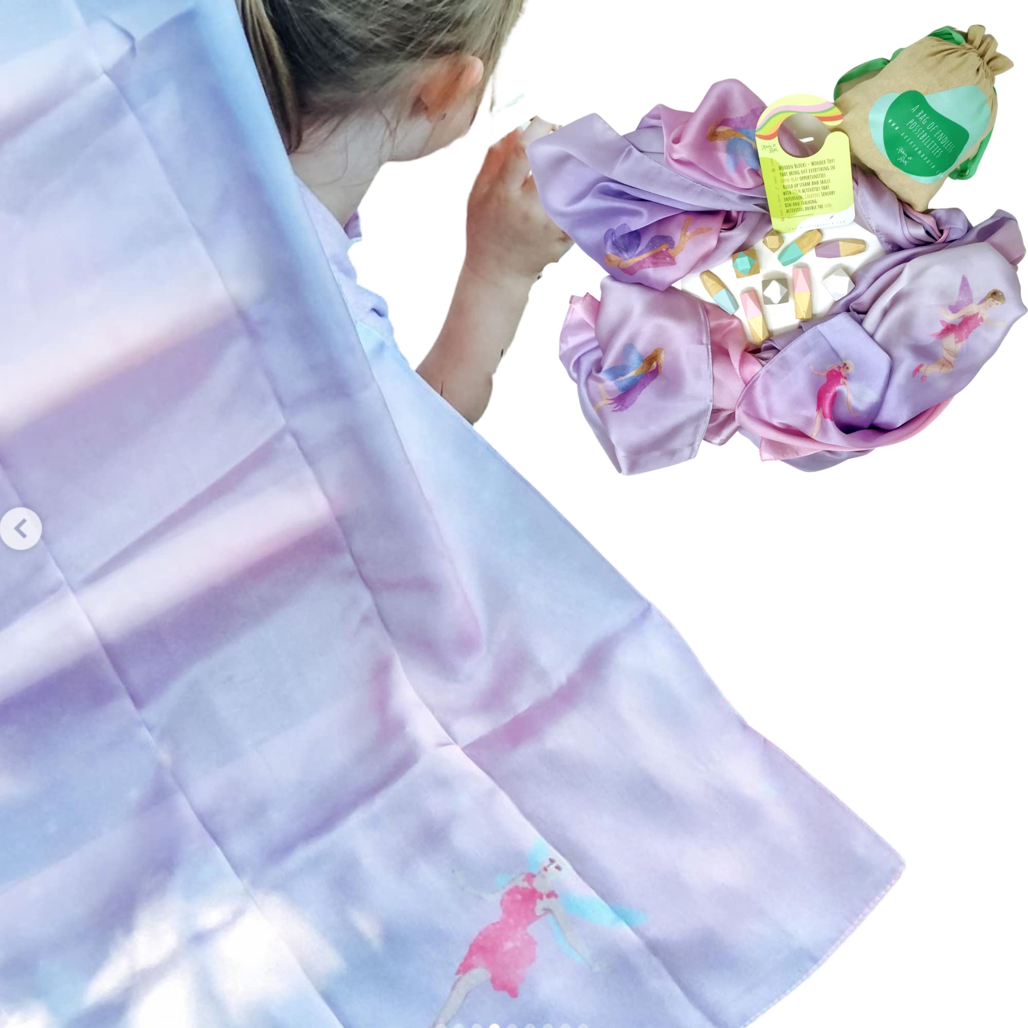 Avery & Ruth Montessori Peace Corner Kit | 100% Silk 6’ x 3’ Large Playsilk and Wooden Balancing Blocks | Waldorf SensoryToys for Pretend Play for Kids and Toddlers