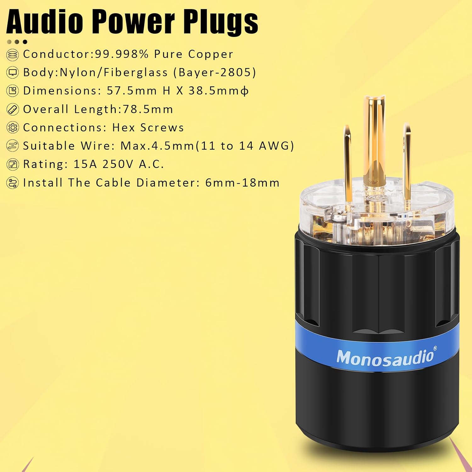 Monosaudio HiFi Power Plug Pure Copper 15A/125V 10A/250V IEC C13/C15 Power Connector Hi-end Audio Power Plug for DIY Audiophile Power Cord HiFi Audio AC Power Cable(Gold Plated)（M105G/F105G）