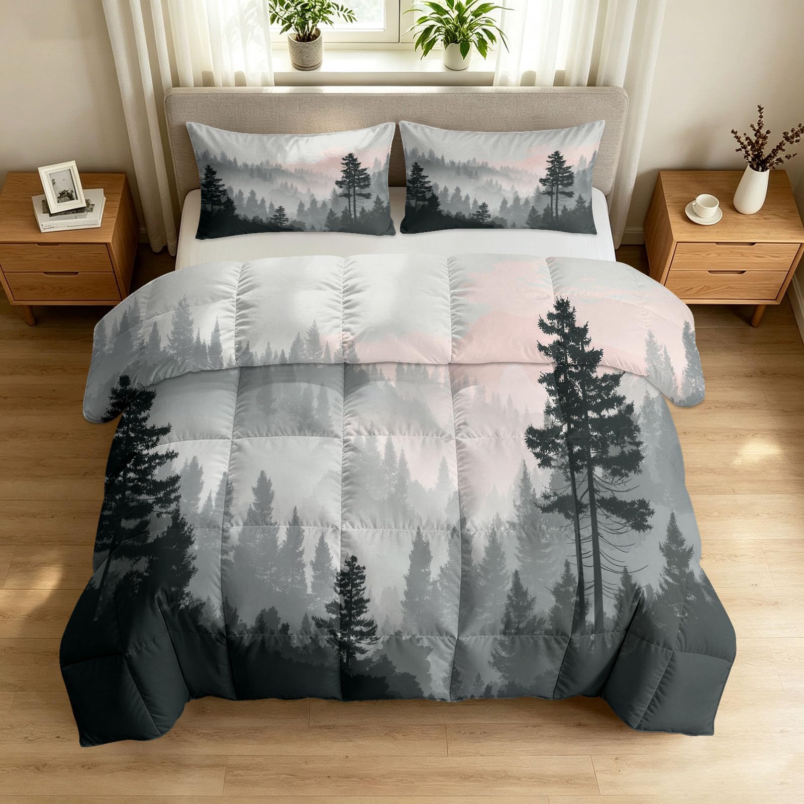 Generisch Piumino misterioso ad acquerello, senza rivestimento, 135 x 200 cm, foresta, nebbia e montagne, ipoallergenico, per tutto l'anno, con 2 federe da 80 x 80 cm, trapunta reversibile, lavabile
