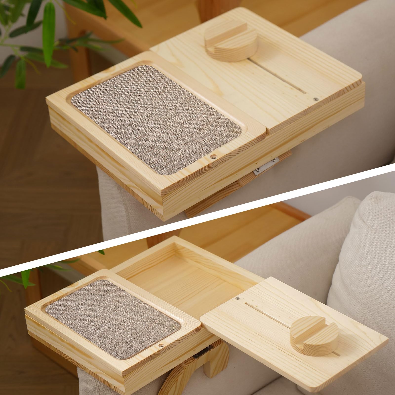 Vassoio da Divano per Bracciolo in Legno, con Supporto per Cellulare, Altamente Stabile, da Posizionare Tra I Braccioli del Divano, Ideale per Snack, Tazze, Cellulari, Telecomandi