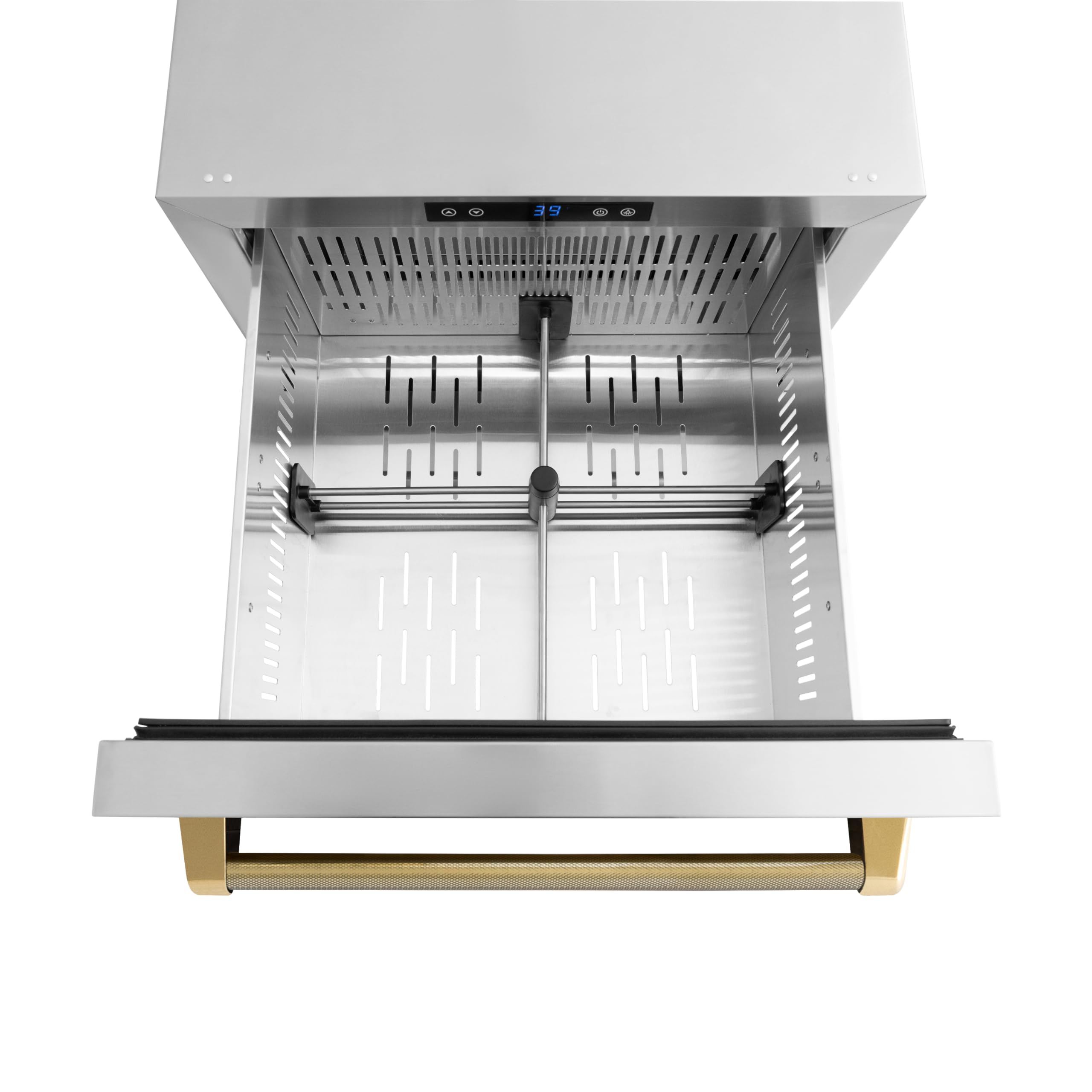 ZLINE Autograph Edition 24 In. Touchstone 168 Can Outdoor-Rated Dual Refrigerator Drawer With Stainless Steel Doors And Polished Gold Helix Handles (Rdsoz-St-24-Kg) on Fridge.com - View 5