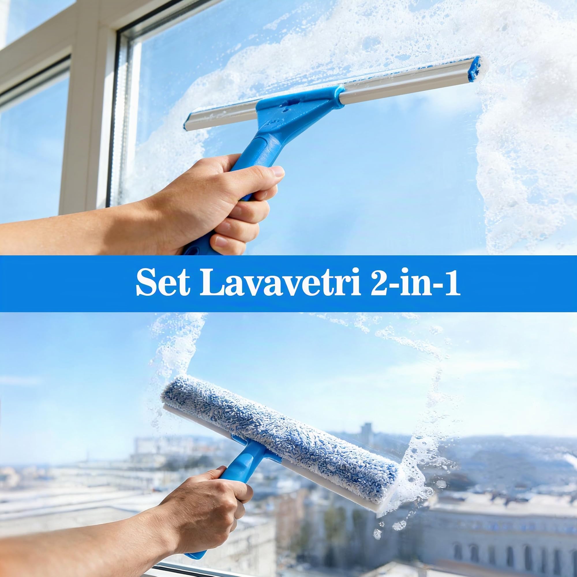 Lavavetri Telescopico Professionale 2 in 1 con Spazzola e Tiraacqua per Vetri, Kit Pulizia Vetri Finestre, Doccia, Auto e Specchi, Panno in Microfibra Senza Aloni e Lama in Silicone