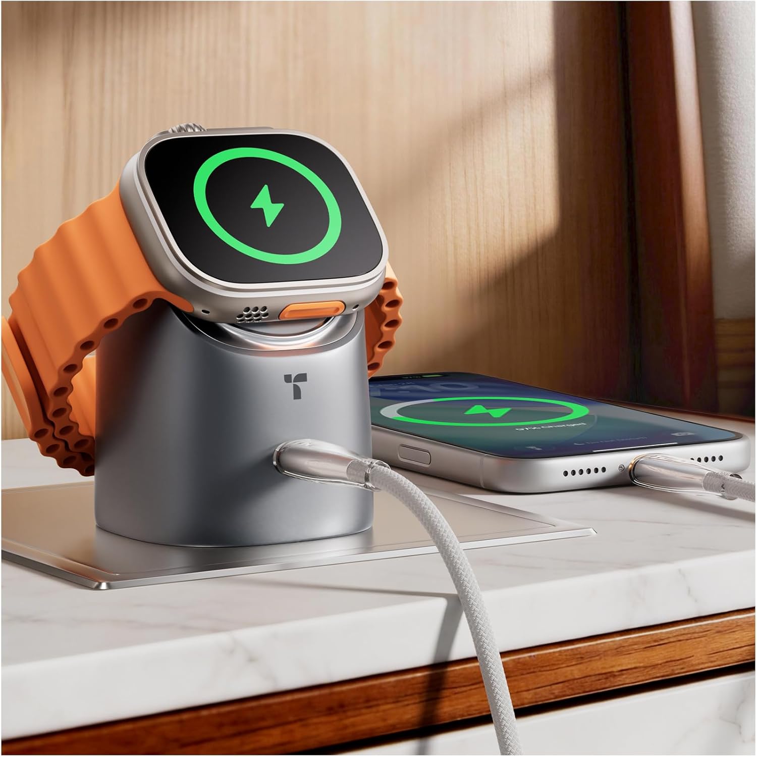 TORRAS Flasheye for Apple Watch Charger & iPhone Charger, 2-in-1 GaN 45W Phone Charger Fast Charging, 90° Foldable USB C Wall Charger Block for iPhone 17/16/15,iPad,MacBook,AirPods,Android, Space Grey