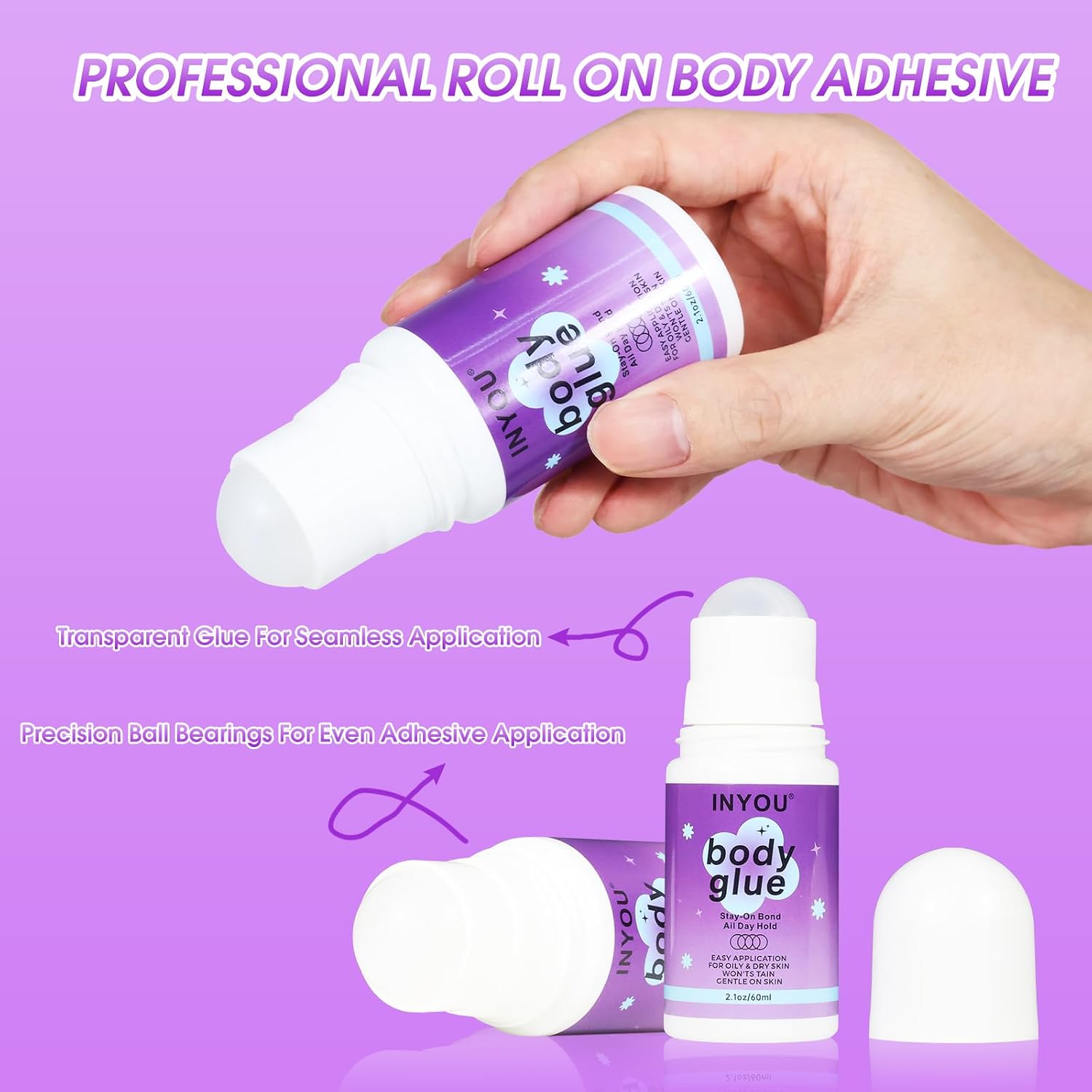 INYOU-Body Glue for Clothes & Skin Roll On, Upgraded Sweat Resistant Body Adhesive for Dancers, Stagewear, Wigs, Socks, Bras, Leotards & Costumes, Skin-Friendly Skin Glue, Residue Free (2 Oz)