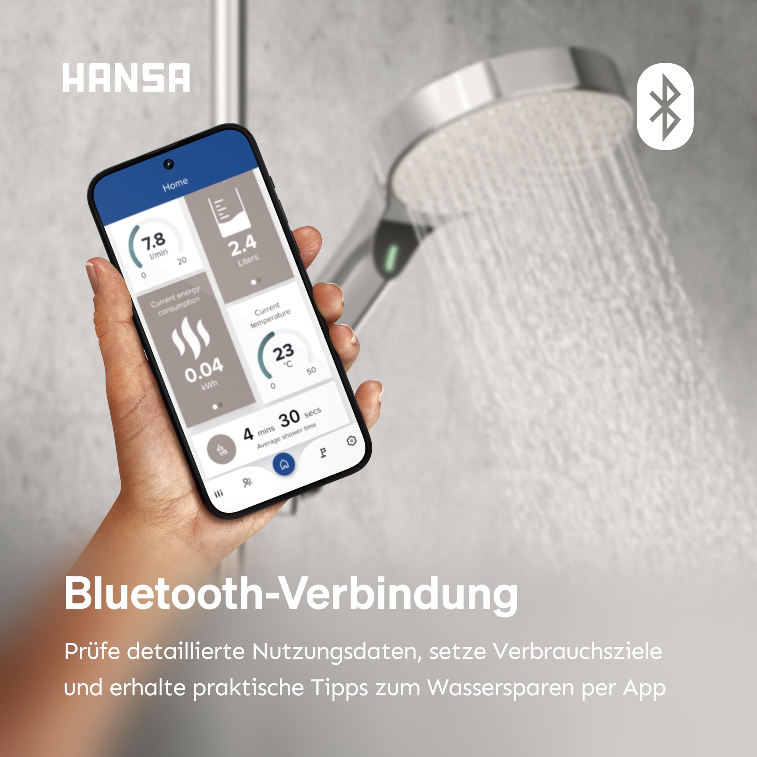 HANSA ACTIVEJET Digital Duschkopf 120mm | Bluetoothfähige Duschbrause mit digitaler Echtzeit LED Anzeige I Wassersparende Duschbrause mit Antikalk Technik I Brausekopf Dusche I G1/2 | Chrom
