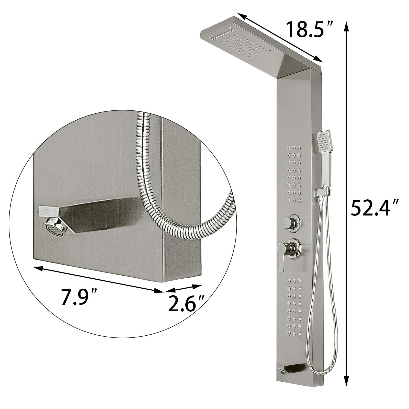 Panel de Ducha de Acero Inoxidable Columna de Hidromasaje 5 en 1 Columna de Hidromasaje para Hogar Hotel (Separado, Plata cepillada)