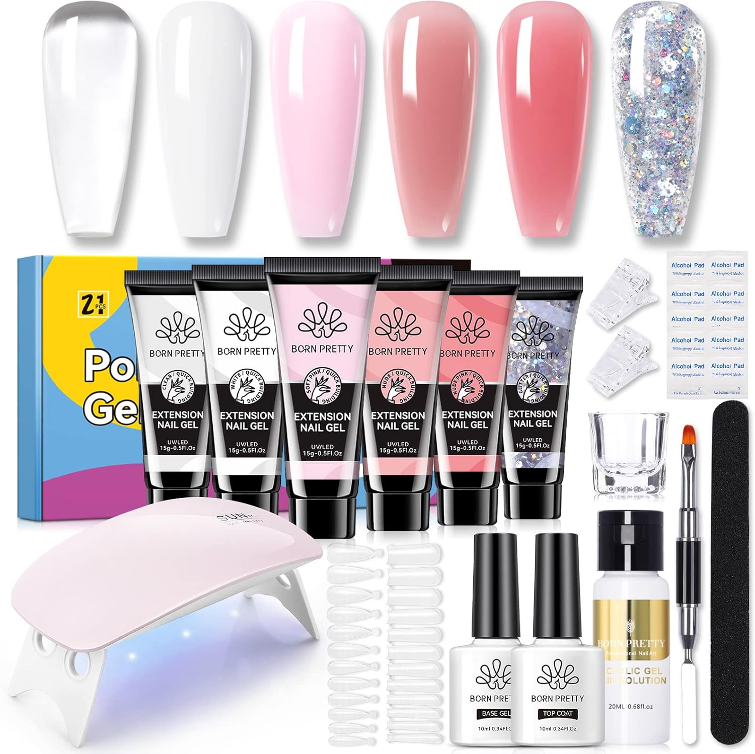 Ongle Gel Kit Complet avec Lampe 145PCS, 6 Couleurs Poly Extension Gel