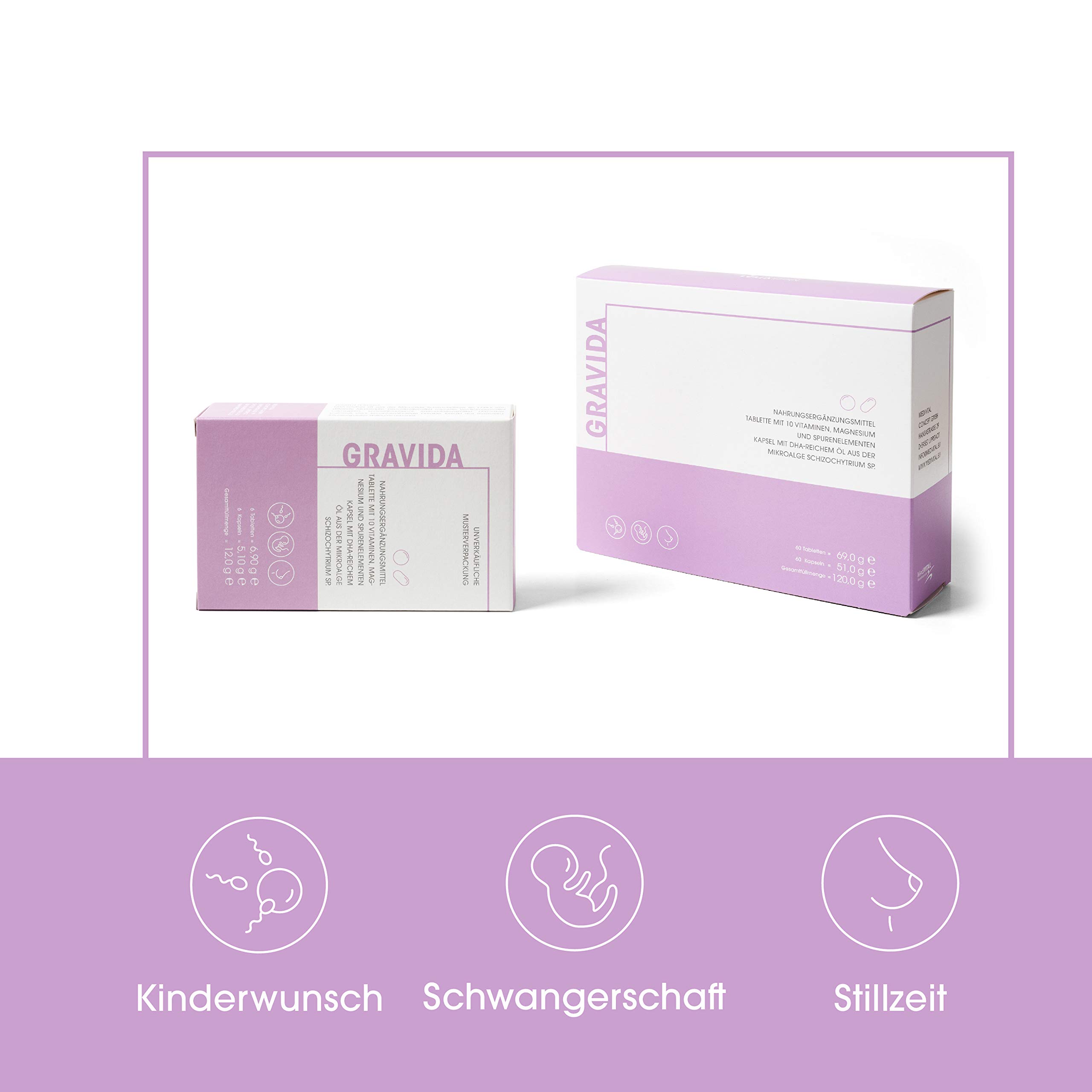 GRAVIDA Folsäure 800 µg VEGAN für Kinderwunsch, Schwangerschaft & Stillzeit - DHA EPA (Omega-3), Vitamin D & B12, 2-Monatspackung