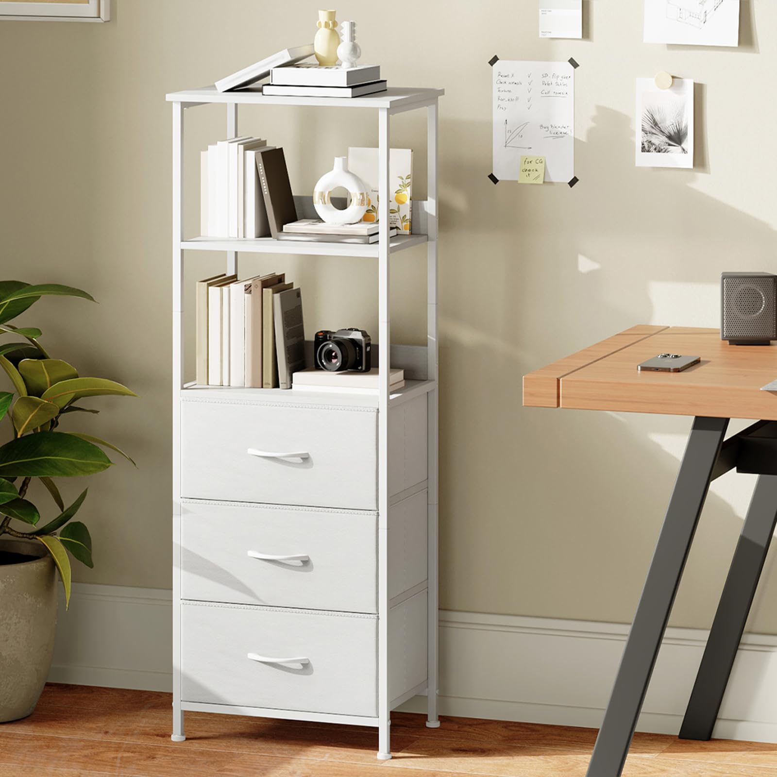Somdot Commode Chambre, Commode Haute avec 3 Tiroirs en Tissu et Cadre en Acier, Meuble de Rangement pour Salon, Chambre, Bureau, Couloir Entrée, 30P x 42l x 115H, Blanc