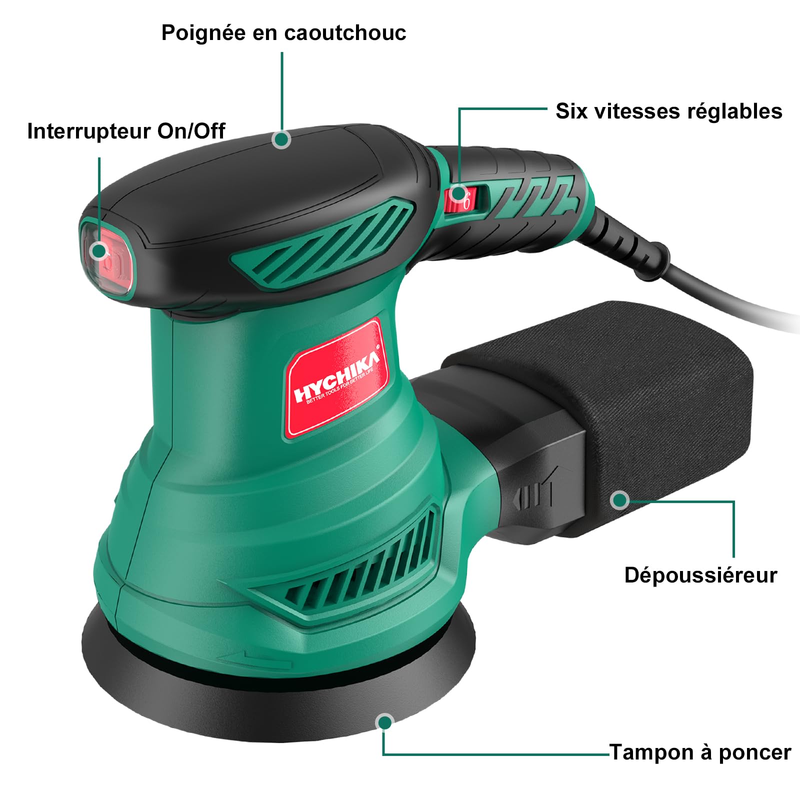 HYCHIKA Ponceuse Excentrique, 6 Vitesses Variables 300W 13000RPM Ponceuse Orbitale, 12Pcs Disque Abrasif 125mm, Ponceuse Bois avec Collecte de Poussière pour le Polissage du Ponçage du Bois
