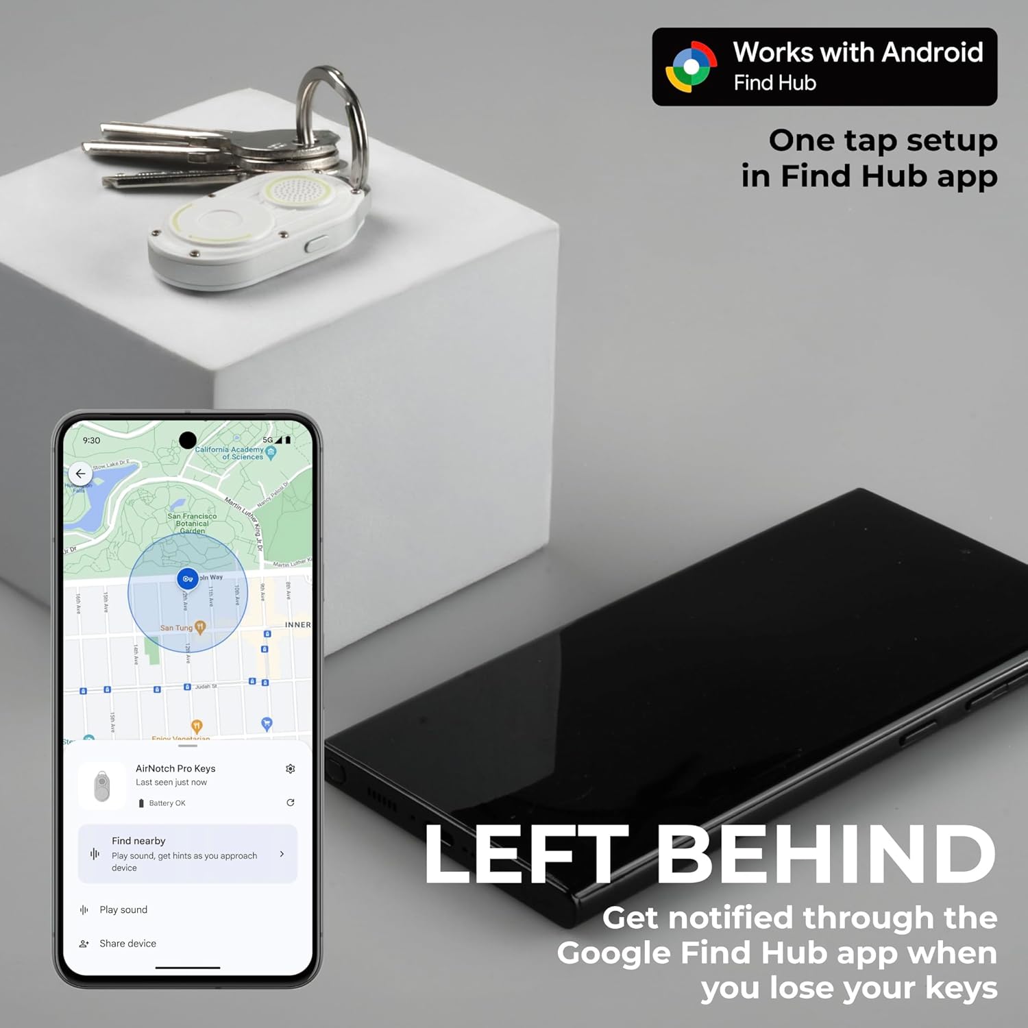Rolling Square AirNotch Pro – Android Find Hub Only - Bluetooth Tracker Keychain (2 Pack), Replaceable Batteries, 360° Sound, Anti-Loss Locator, Waterproof, White