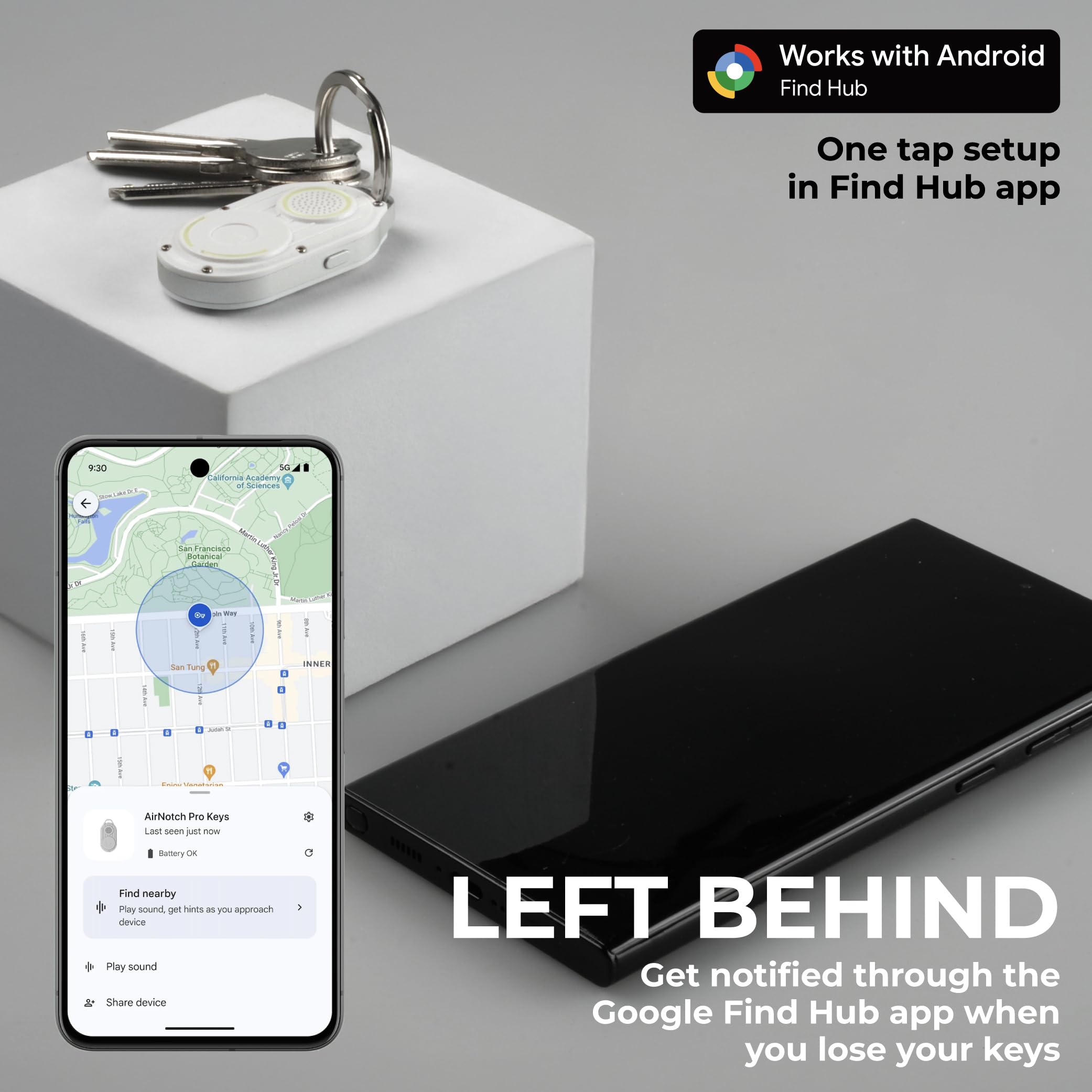 Rolling Square AirNotch Pro – tracker Bluetooth kompatybilny tylko z systemem Android Google Find Hub, brelok do kluczy, wymienne baterie, dźwięk 360°, inteligentny znacznik, świecący w ciemności