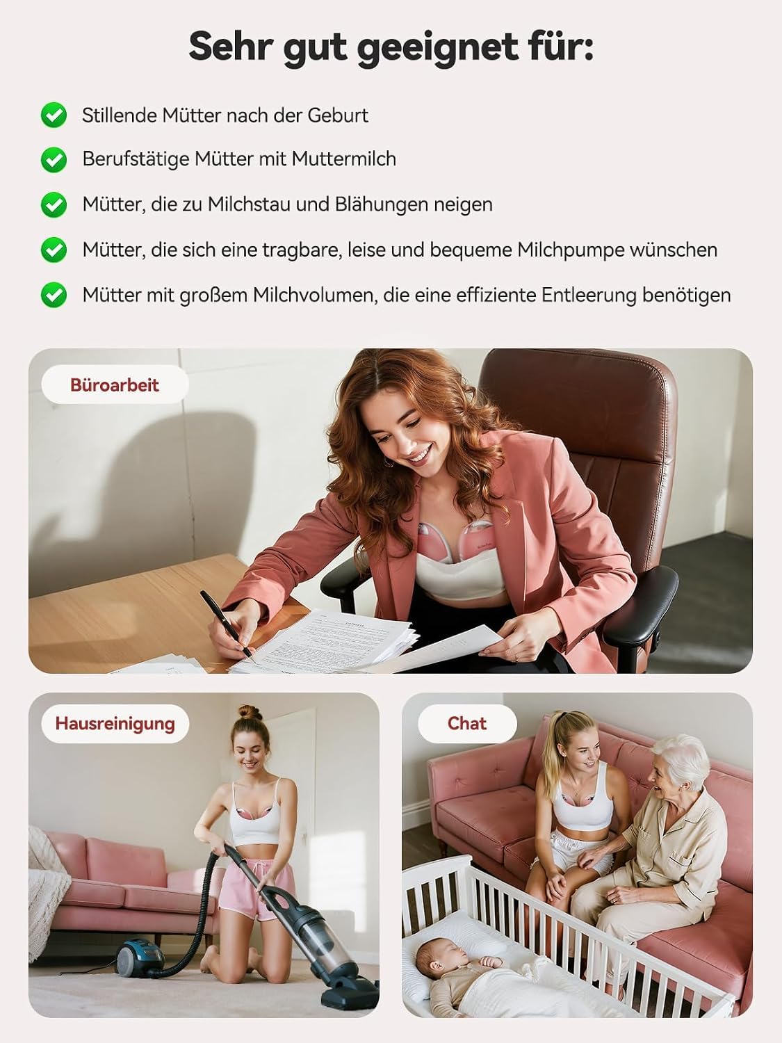 2 Stück elektrische Milchpumpe, Freisprecheinrichtung, doppelt, leise, 4 Modi und 12 Saugstufen, elektrische Milchpumpe mit Staubschutz, 19 mm/21 mm/24 mm, Rosa