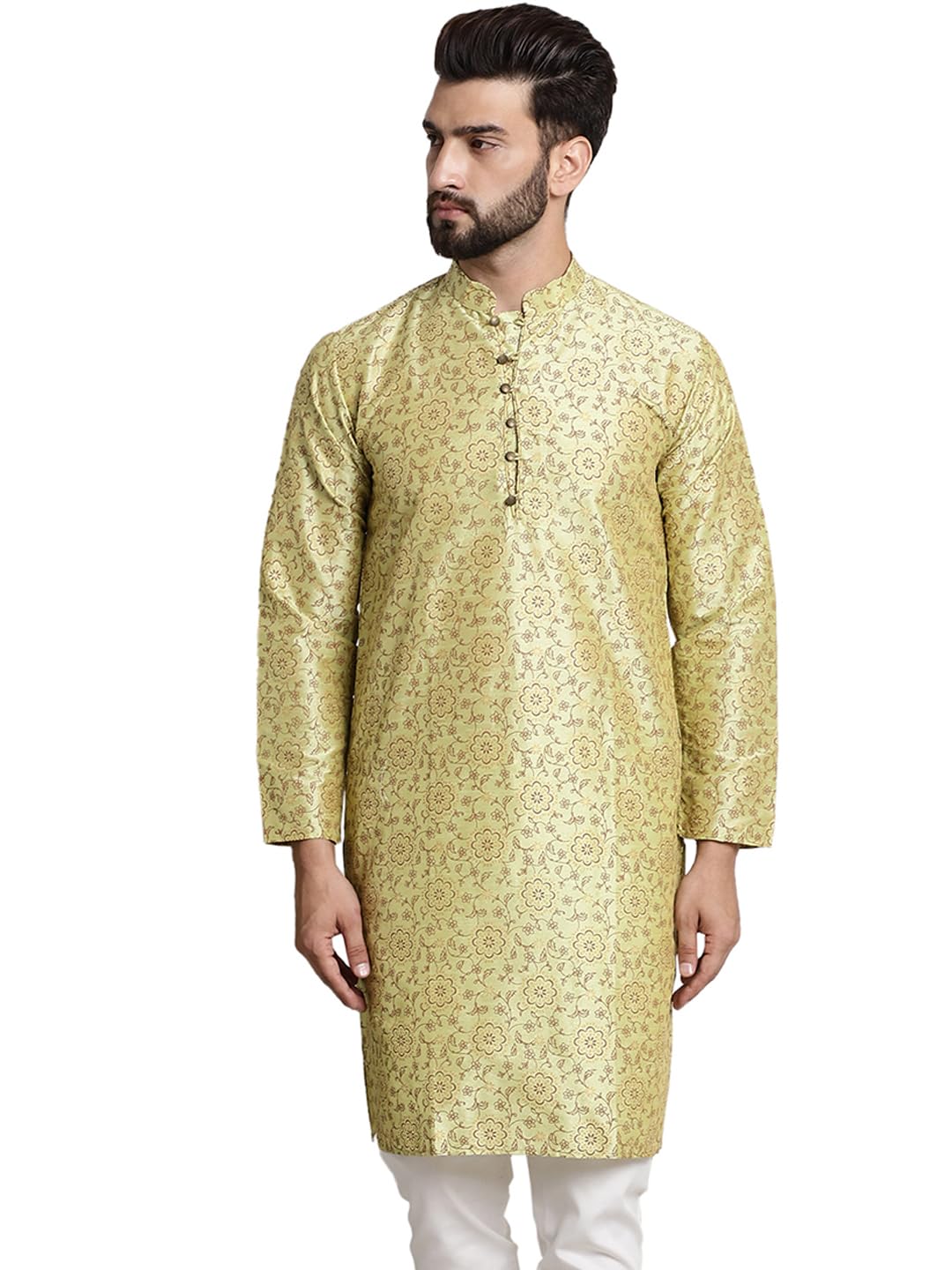 Sojanya (Since 1958 Men's Silk Blend Pista Green Color Print Design Only Long Kurta