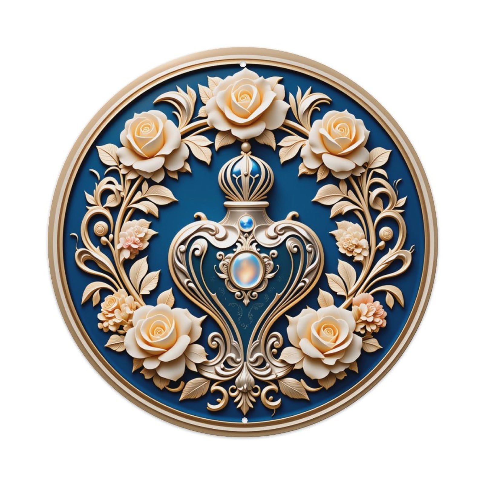 Ornate Floral Emblem With Roses And Gold Filigree Round Vintage Tin Sign,Retro Wall Art,Metal Poster for Home, Bar, Garage, Cafe, Rustic Indoor & Outdoor Decor, 8x8 Inches
