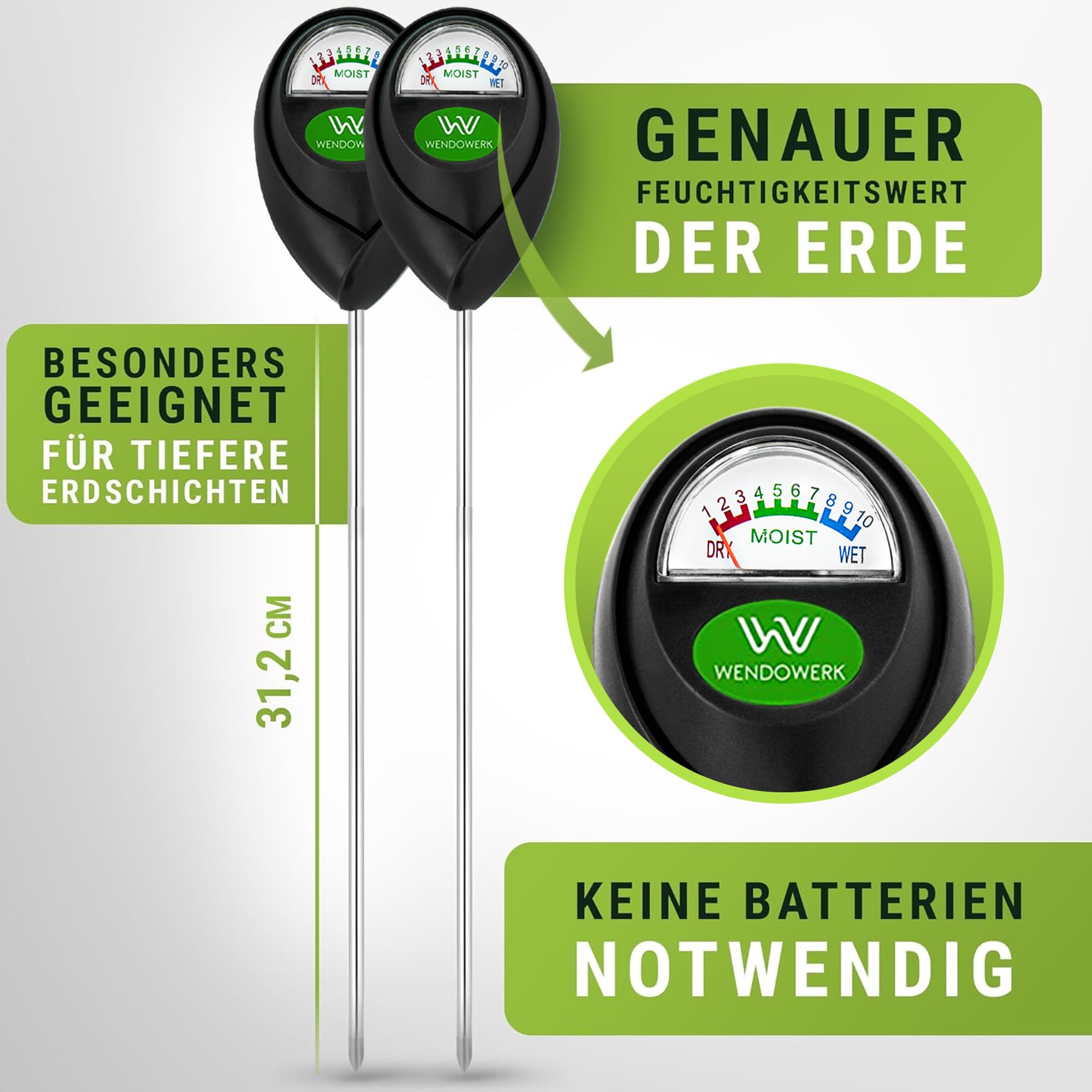 WENDOWERK Lot de 2 humidimètres extra longs pour plantes 40 cm [Noir/Noir] – Sans piles – Testeur d'humidité amélioré [2025] – Testeur de sol de qualité supérieure