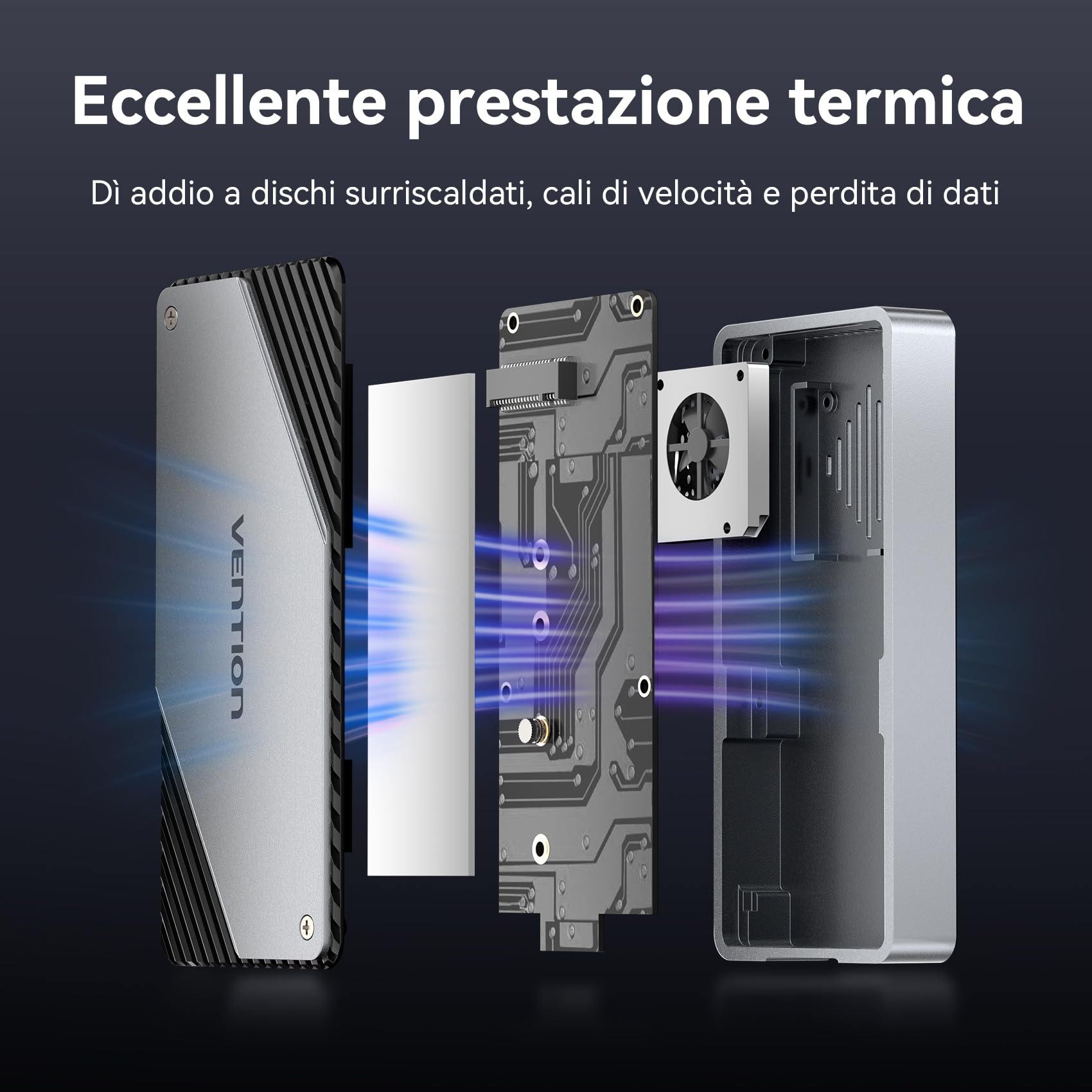 VENTION Custodia M.2 NVMe 40Gbps, Carcasa PCIe in alluminio con ventola intelligente, Cassa SSD senza strumenti per USB4/Thunderbolt, Supporto clav. M/M+B 2230/2242/2260/2280