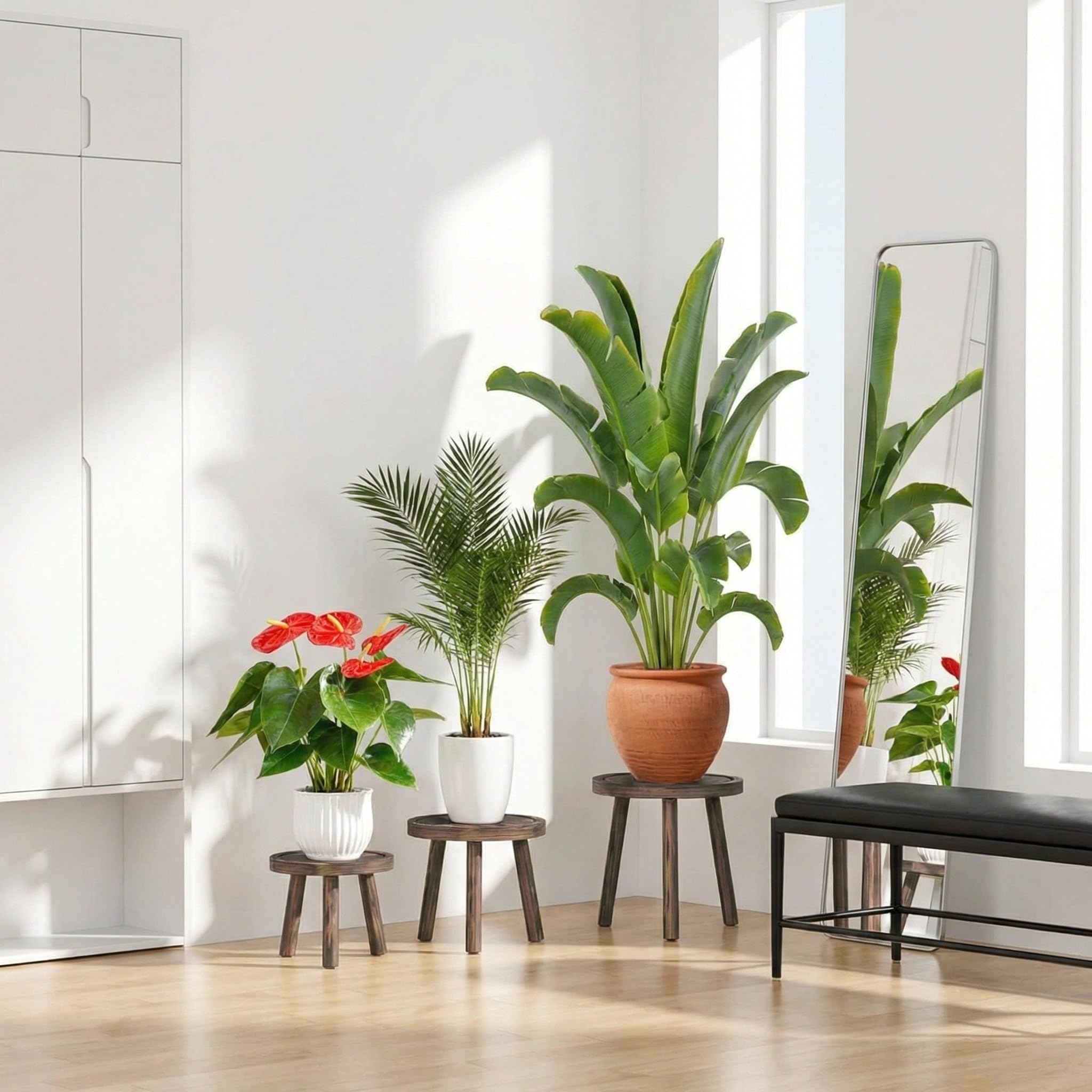FUSHITON Support Plantes Moderne pour Grandes Plantes, Lot de 3 en Brun Foncé avec Base Triangulaire Stable, Décoration Maison