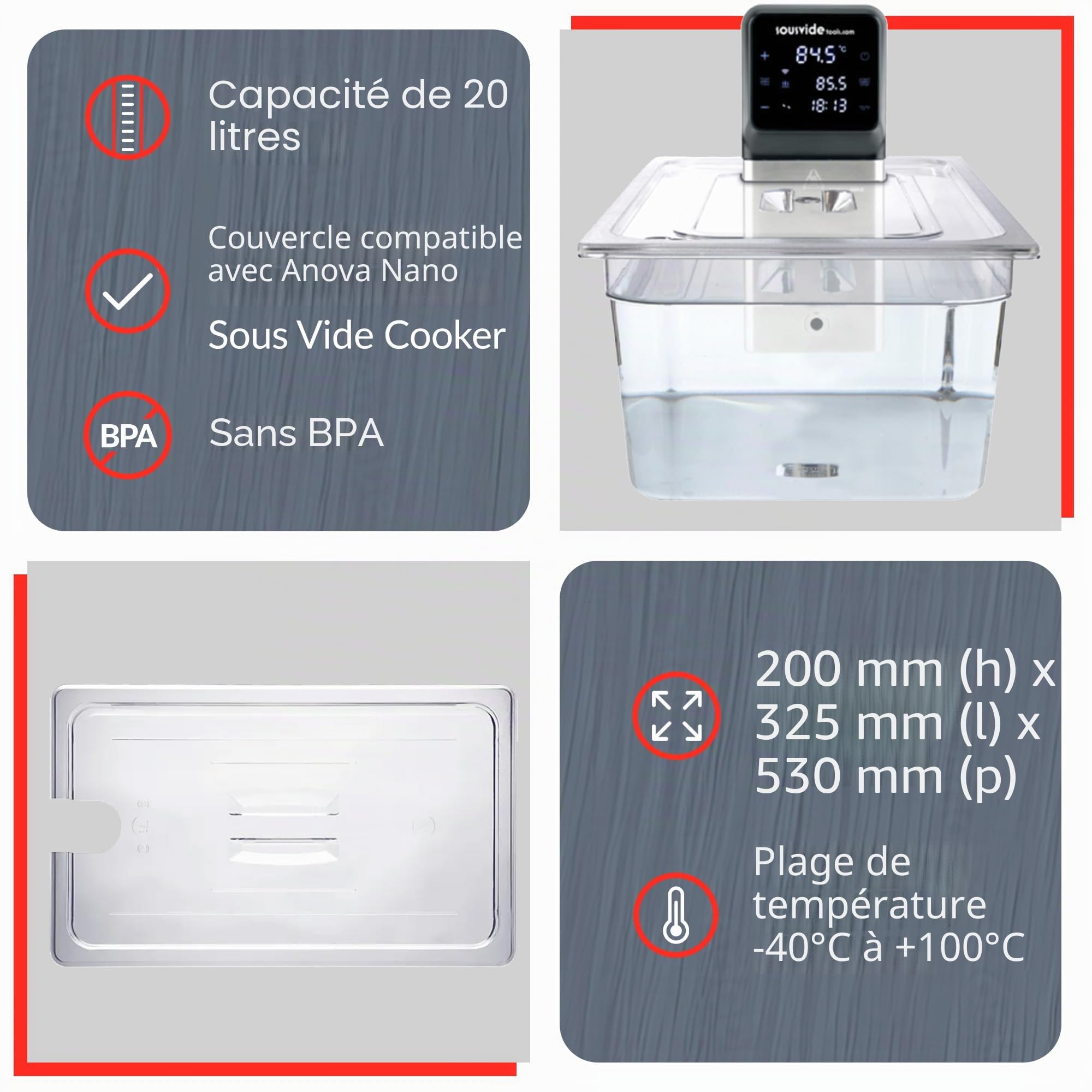 SousVideTools Récipient Transparent en Polycarbonate avec Couvercle Découpé sur Mesure pour Cuiseur sous Vide Anova Nano sans Bpa, Antiadhésif, Passe au Lave-Vaisselle 20 l