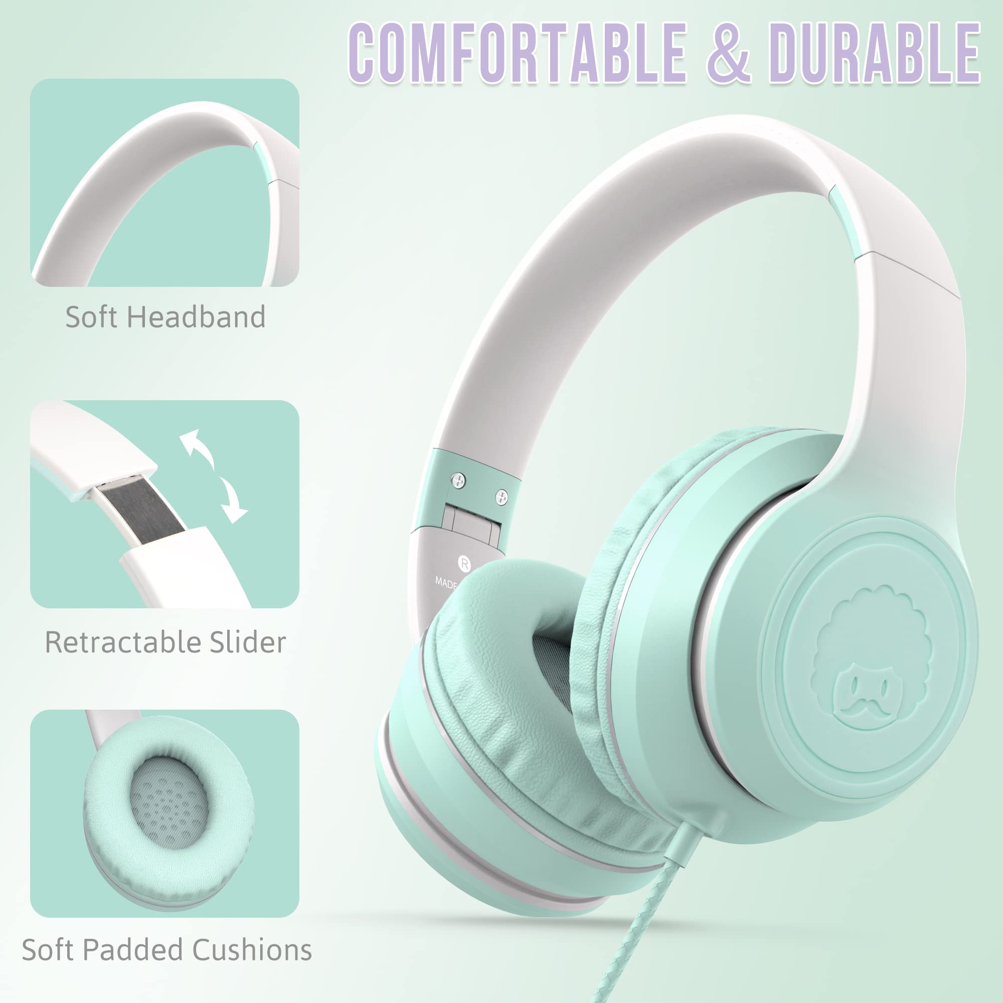 RockPapa L22 Kinder kopfhörer, Kabel Kopfhörer für Kinder, 3,5 mm Aux Jack, Verstellbares Stirnband mit Mikrofon, Faltbarer Kopfhörer Over-Ear für Schule, Travel, Jungen, Mädchen (Hellgrün)