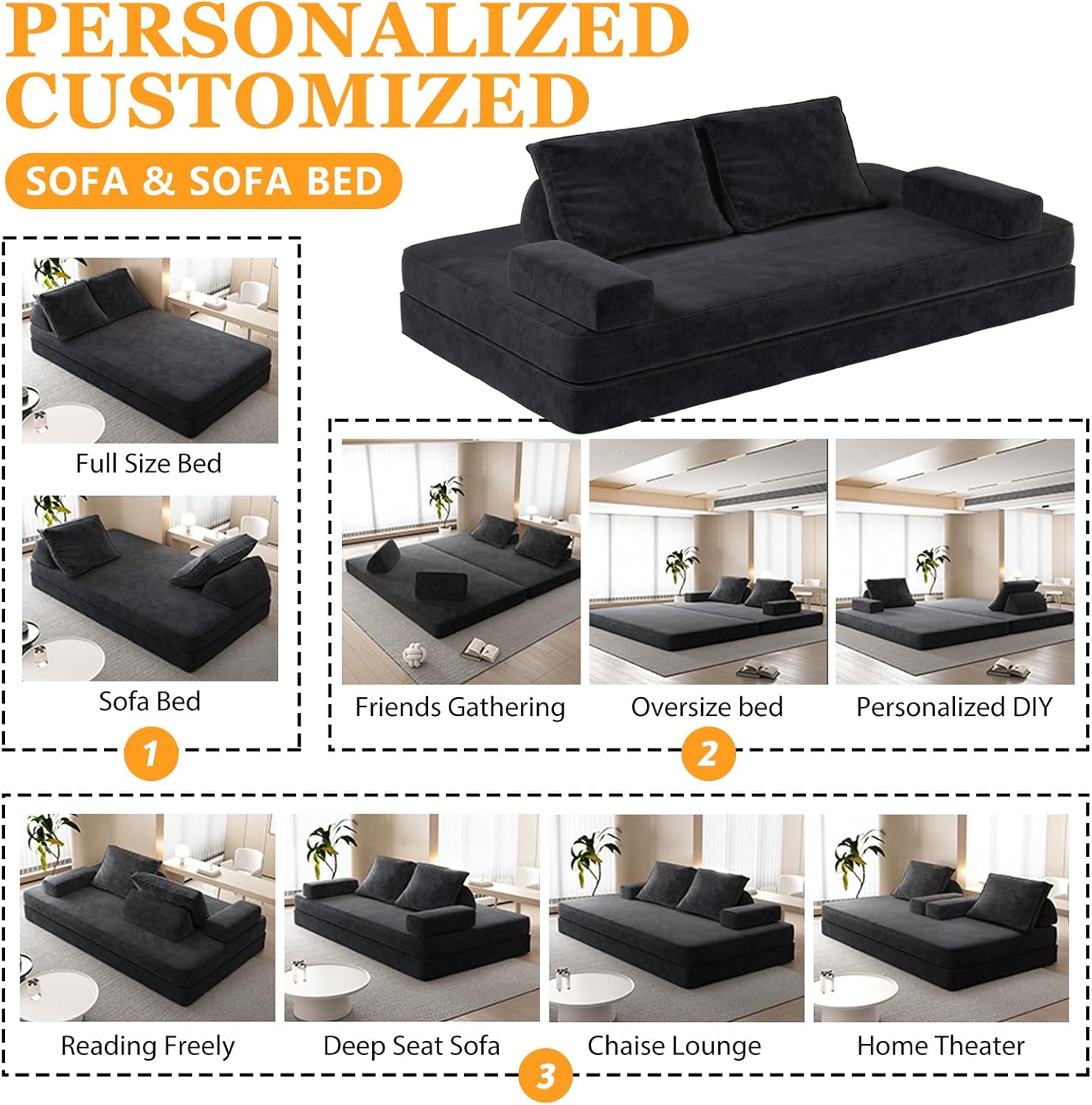 Futon Sofa Bed King Size, Boneless Sleeper Sofa, Oversized Chenille Foldable Couch, Convertible Floor Couches, Modern Folding Mattress, Daybed for Gaming, Living Room, Apartment, Dark Grey