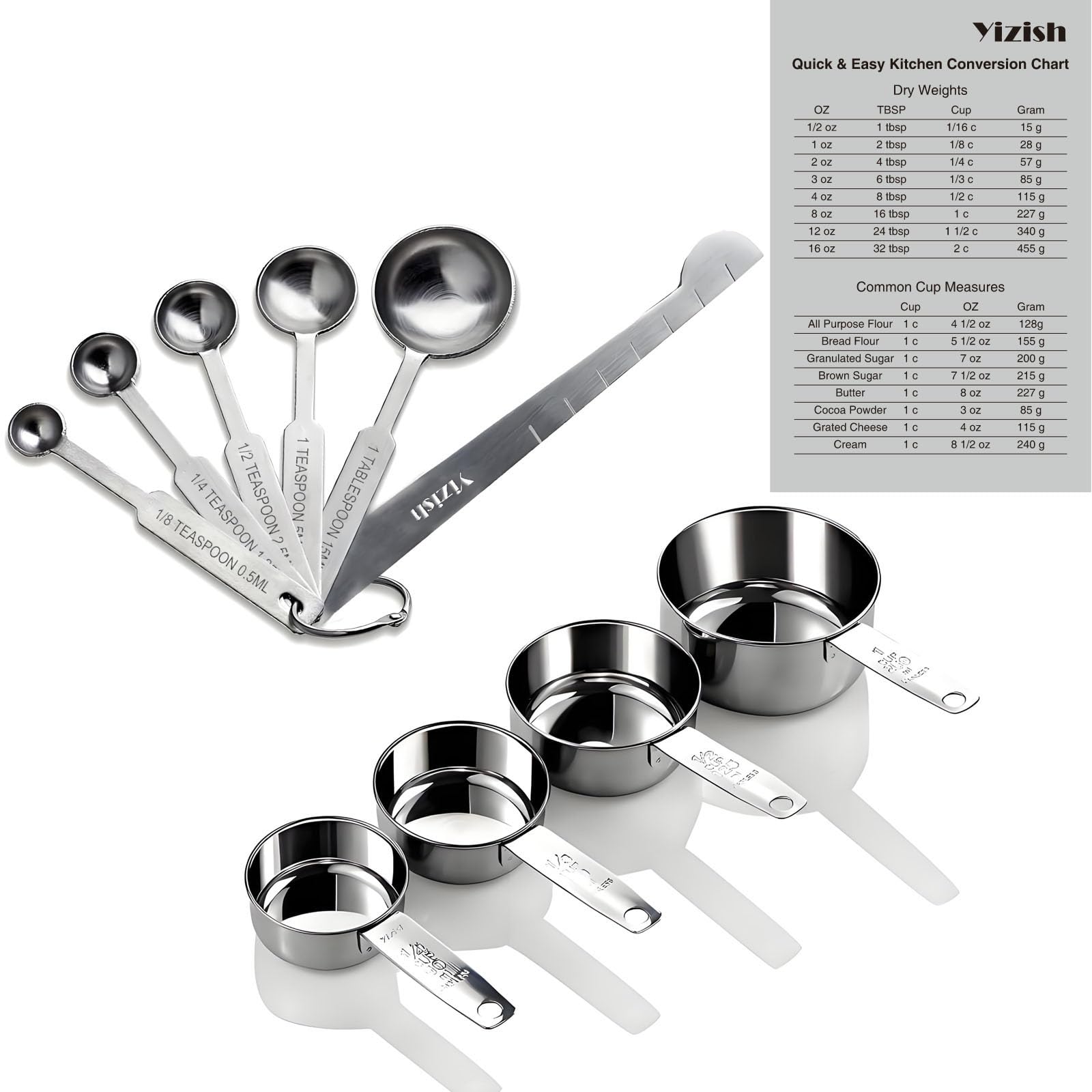 Cuillères et Tasses à mesurer en Acier Inoxydable Lot de 10 pour Cuisine
