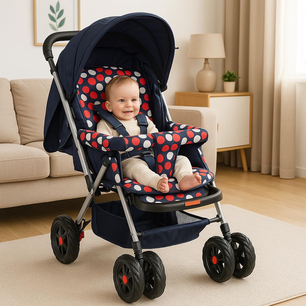 MLU Baby Stroller with Adjustable Canopy, Reversible Handle, Multi-Position Recline & Safety Harness – Lightweight Foldable Pram for Newborns & Toddlers (Navy Polka Dots)-image-7